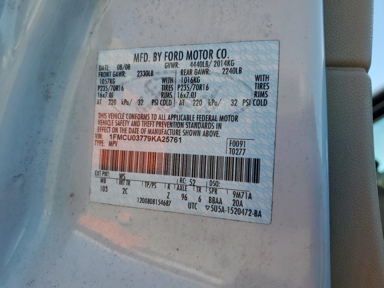 2009 Ford Escape Xlt White vin: 1FMCU03779KA25761