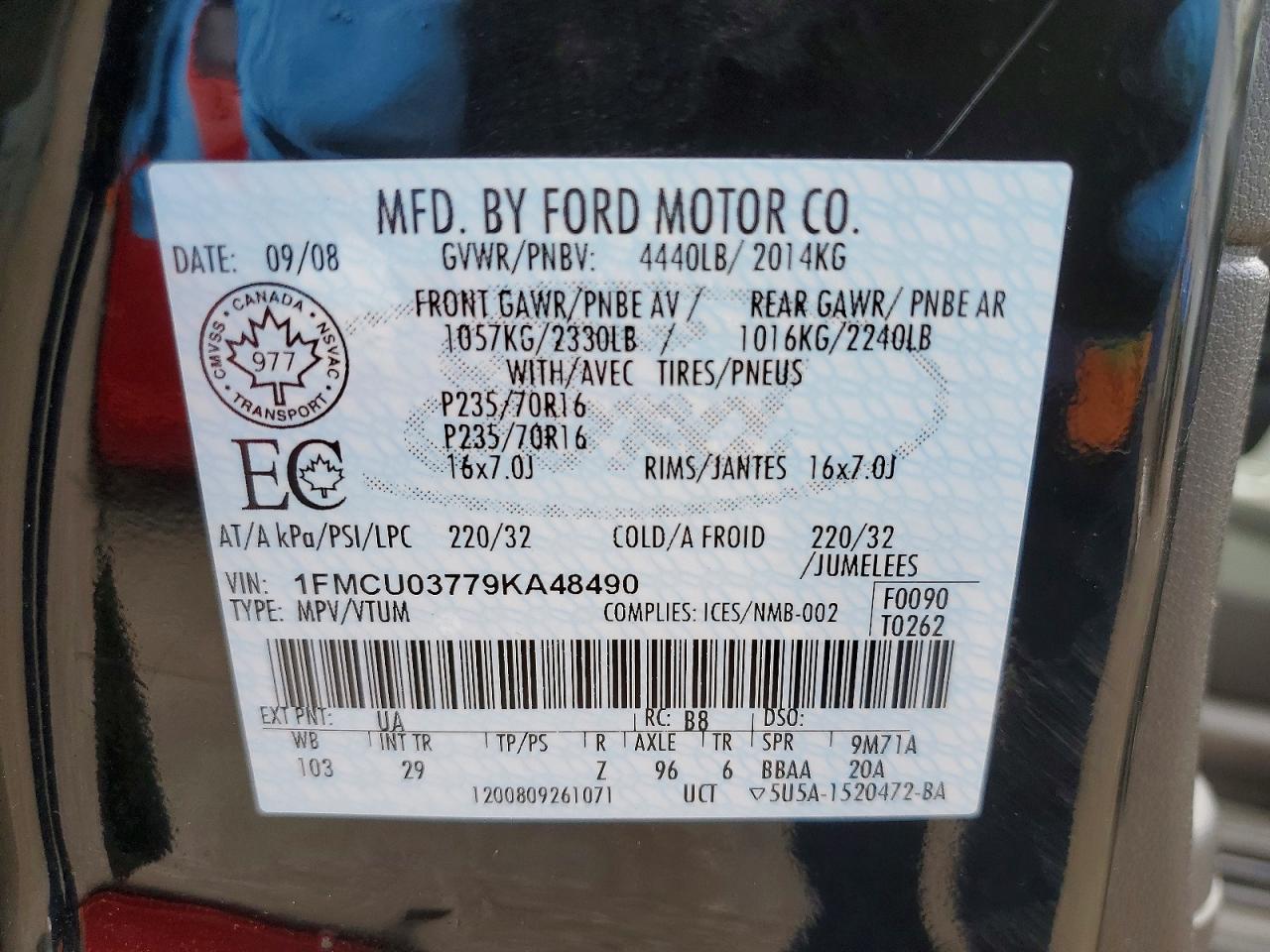 2009 Ford Escape Xlt Black vin: 1FMCU03779KA48490