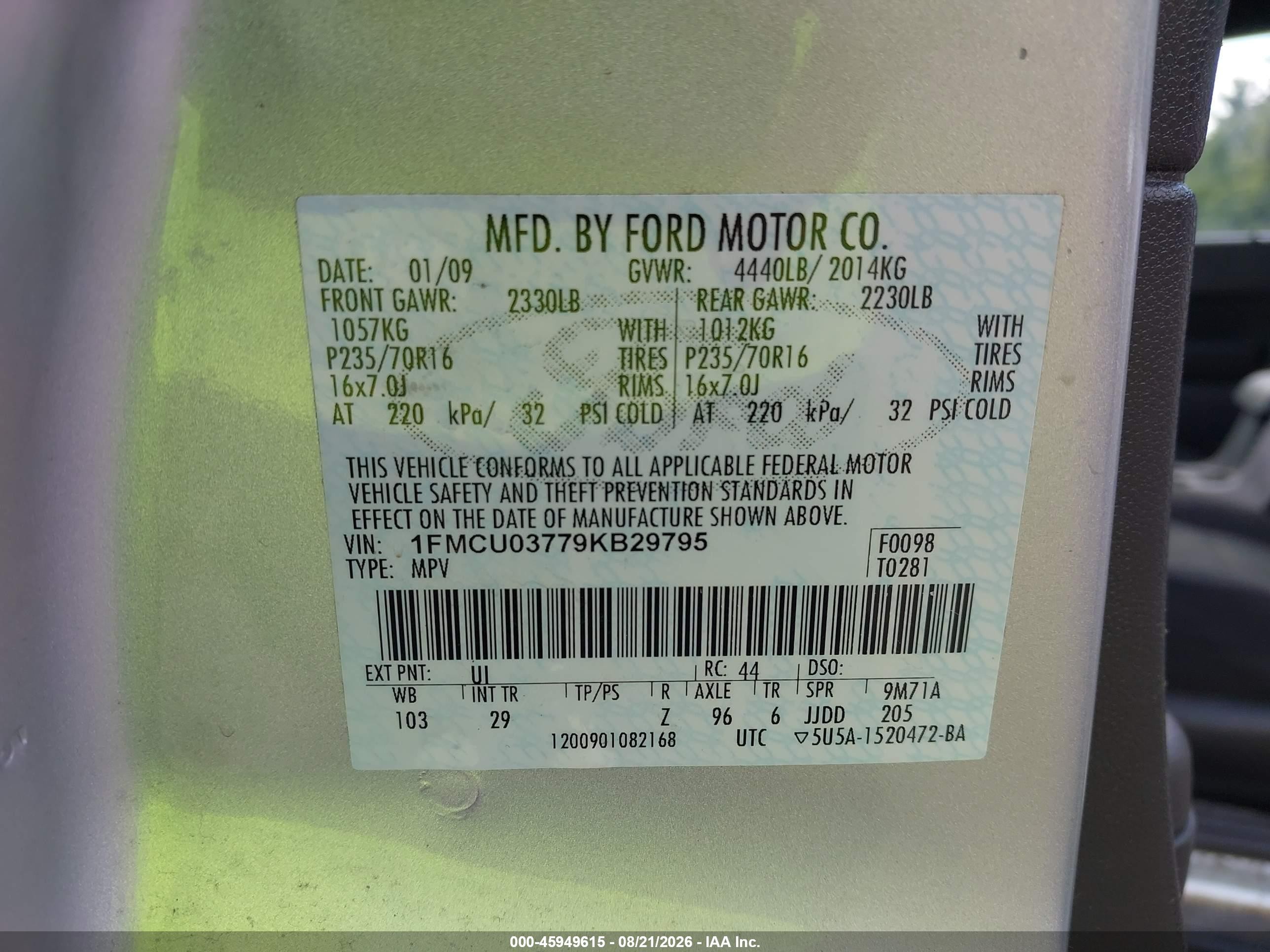 2009 Ford Escape Xlt White vin: 1FMCU03779KB29795