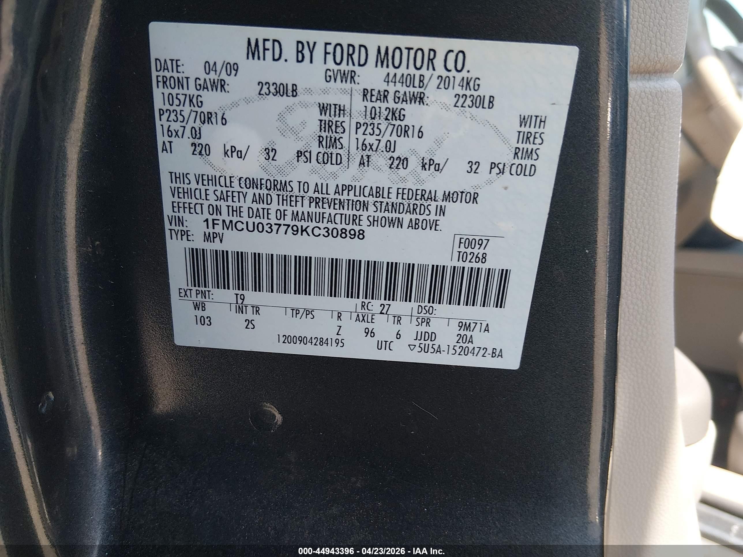 2009 Ford Escape Xlt Gray vin: 1FMCU03779KC30898