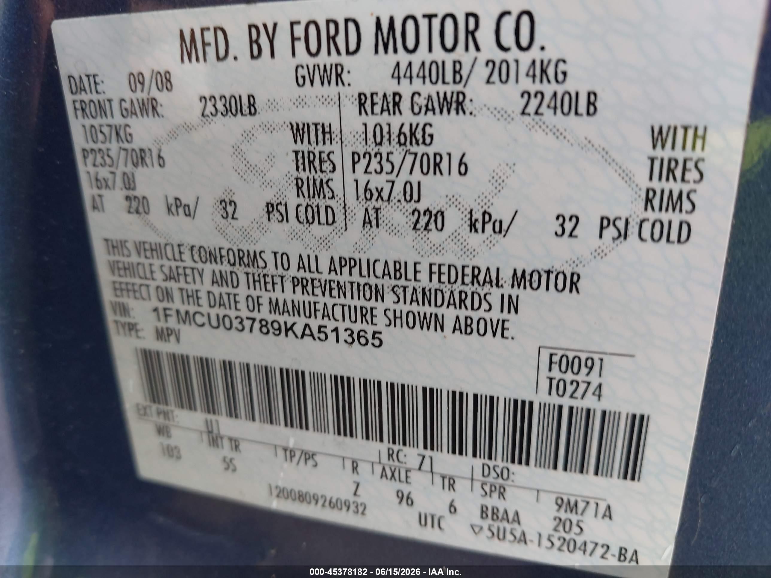 2009 Ford Escape Xlt Blue vin: 1FMCU03789KA51365