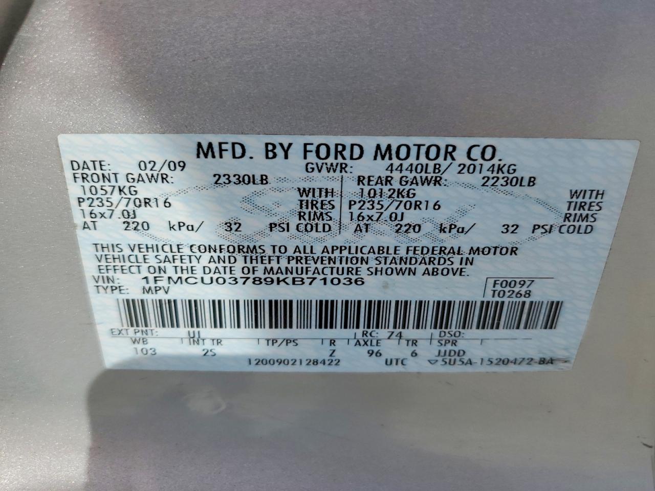 2009 Ford Escape Xlt Silver vin: 1FMCU03789KB71036