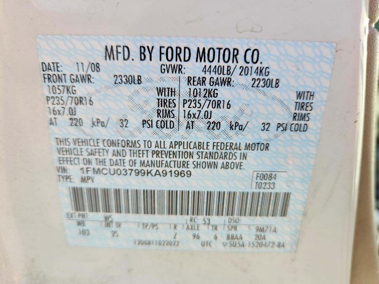 2009 Ford Escape Xlt White vin: 1FMCU03799KA91969