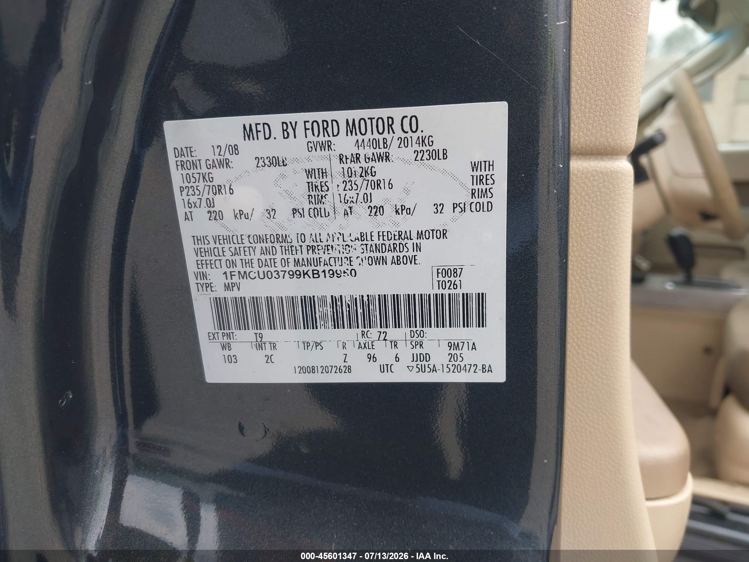 2009 Ford Escape Xlt Green vin: 1FMCU03799KB19950