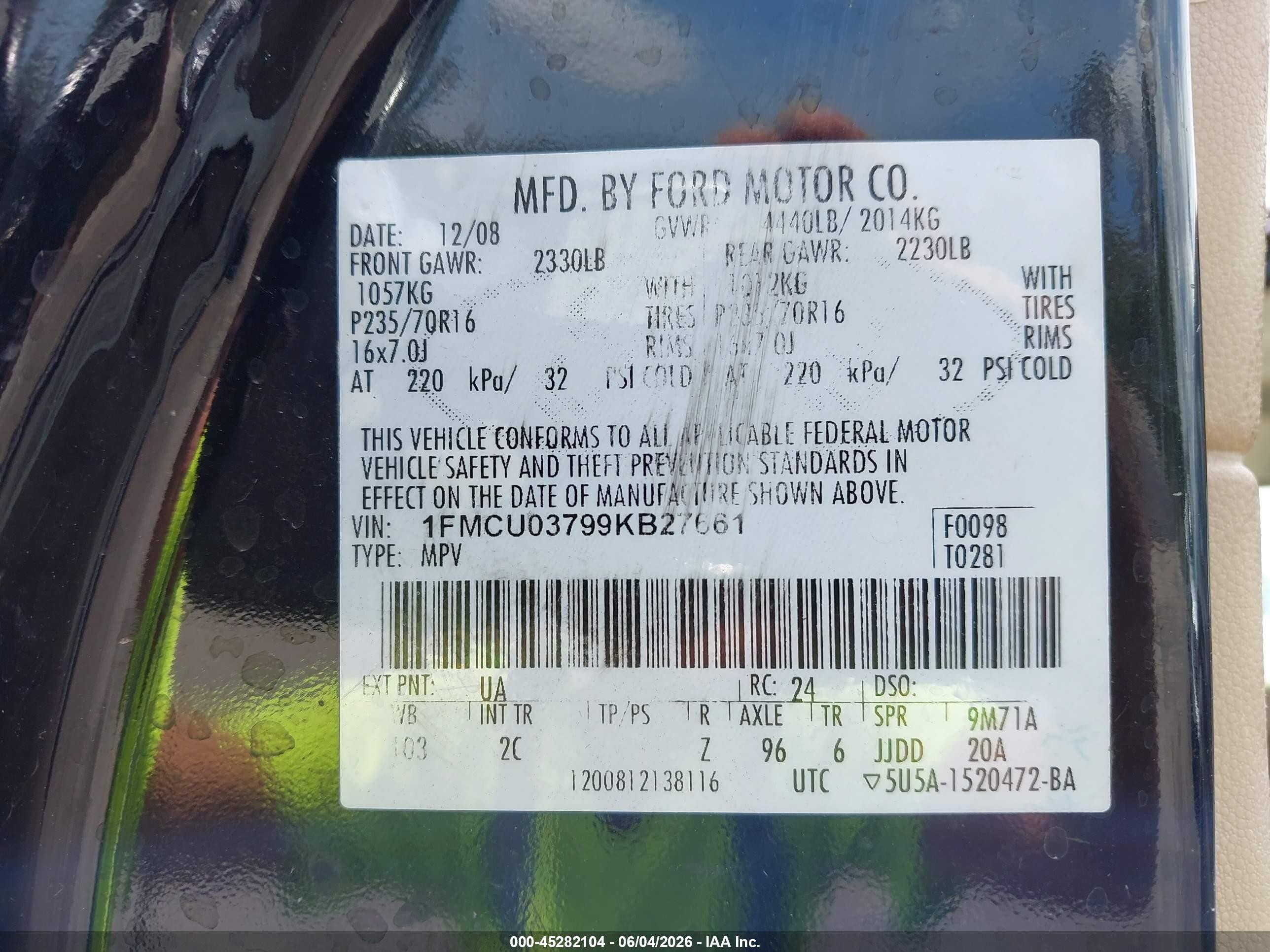 2009 Ford Escape Xlt Black vin: 1FMCU03799KB27661