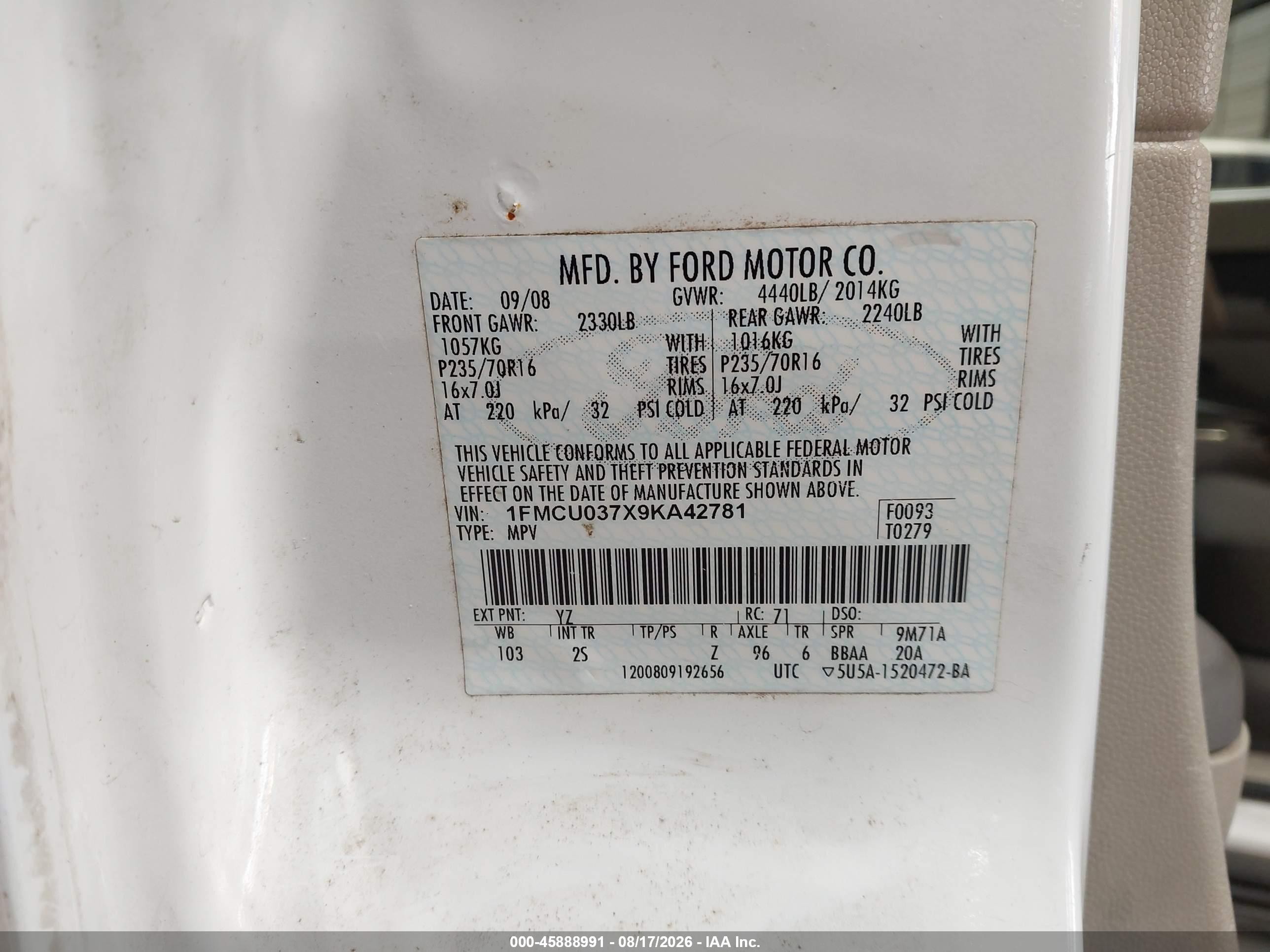 2009 Ford Escape Xlt White vin: 1FMCU037X9KA42781