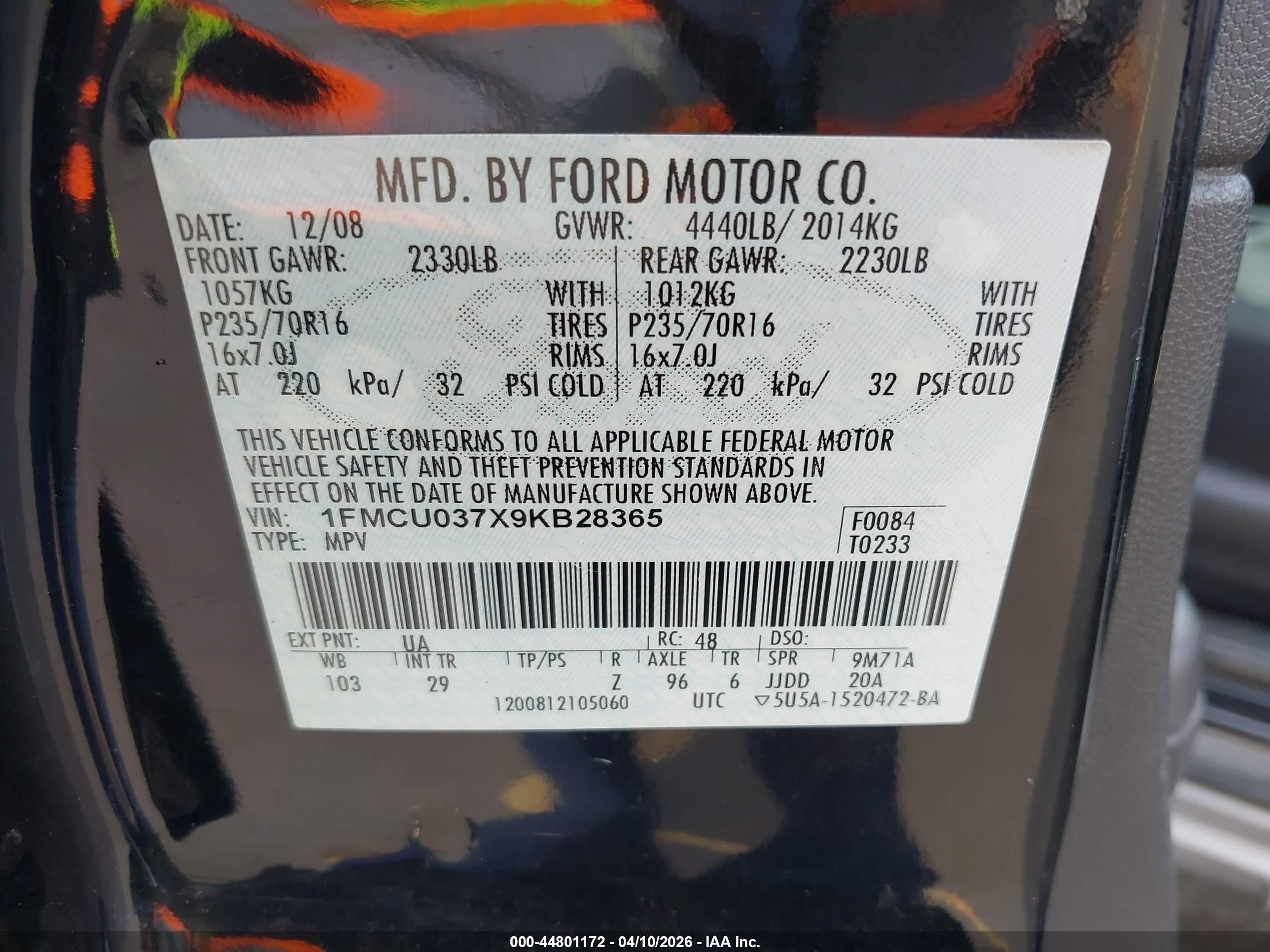 2009 Ford Escape Xlt Black vin: 1FMCU037X9KB28365