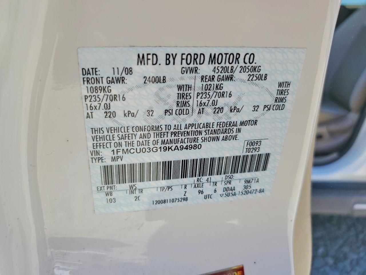 2009 Ford Escape Xlt White vin: 1FMCU03G19KA94980
