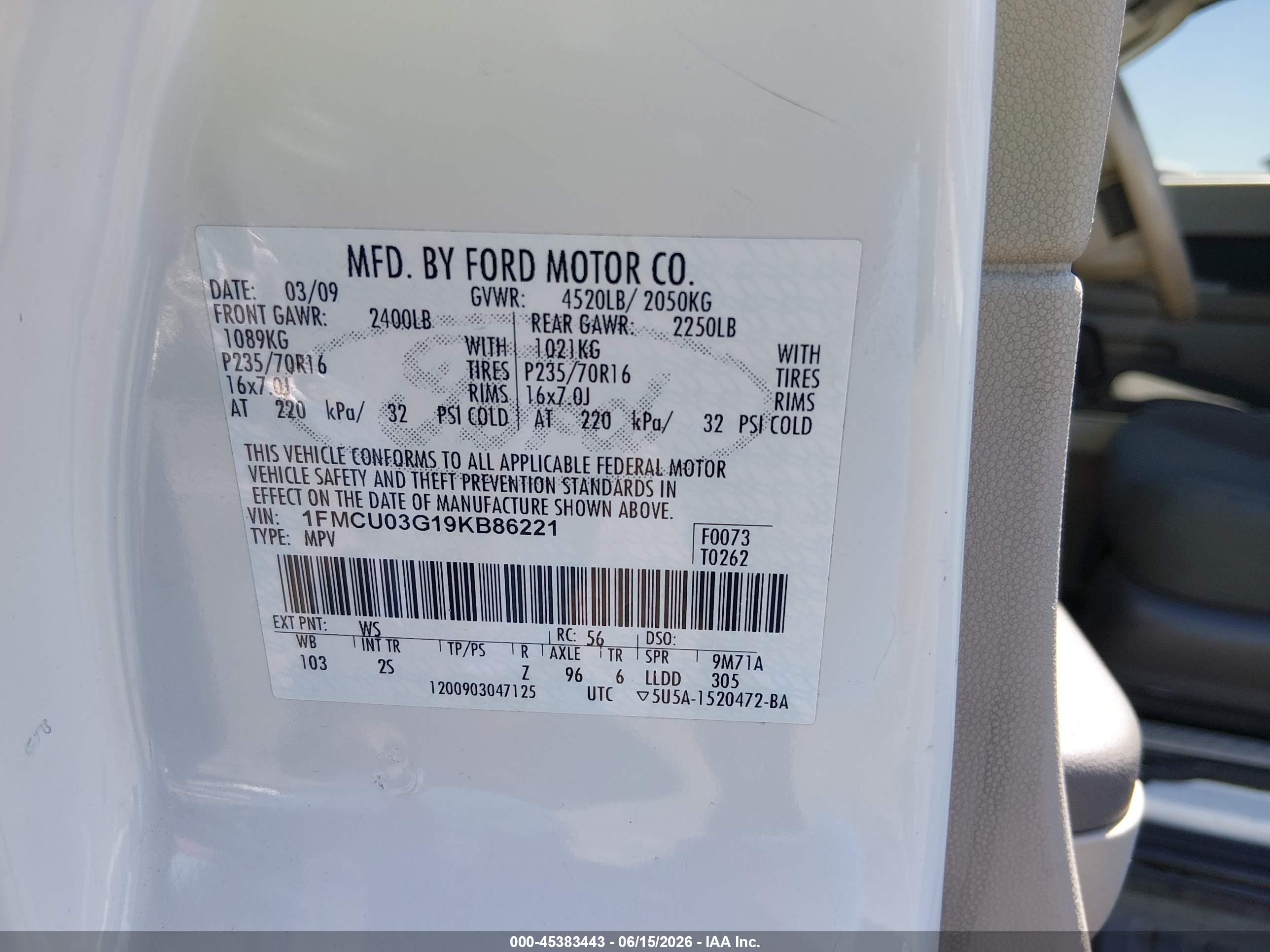 2009 Ford Escape Xlt White vin: 1FMCU03G19KB86221