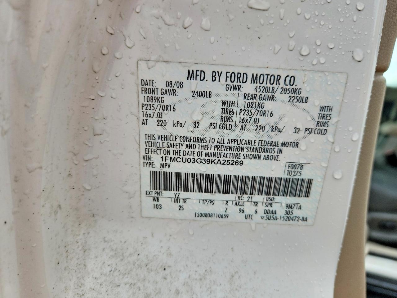 2009 Ford Escape Xlt White vin: 1FMCU03G39KA25269