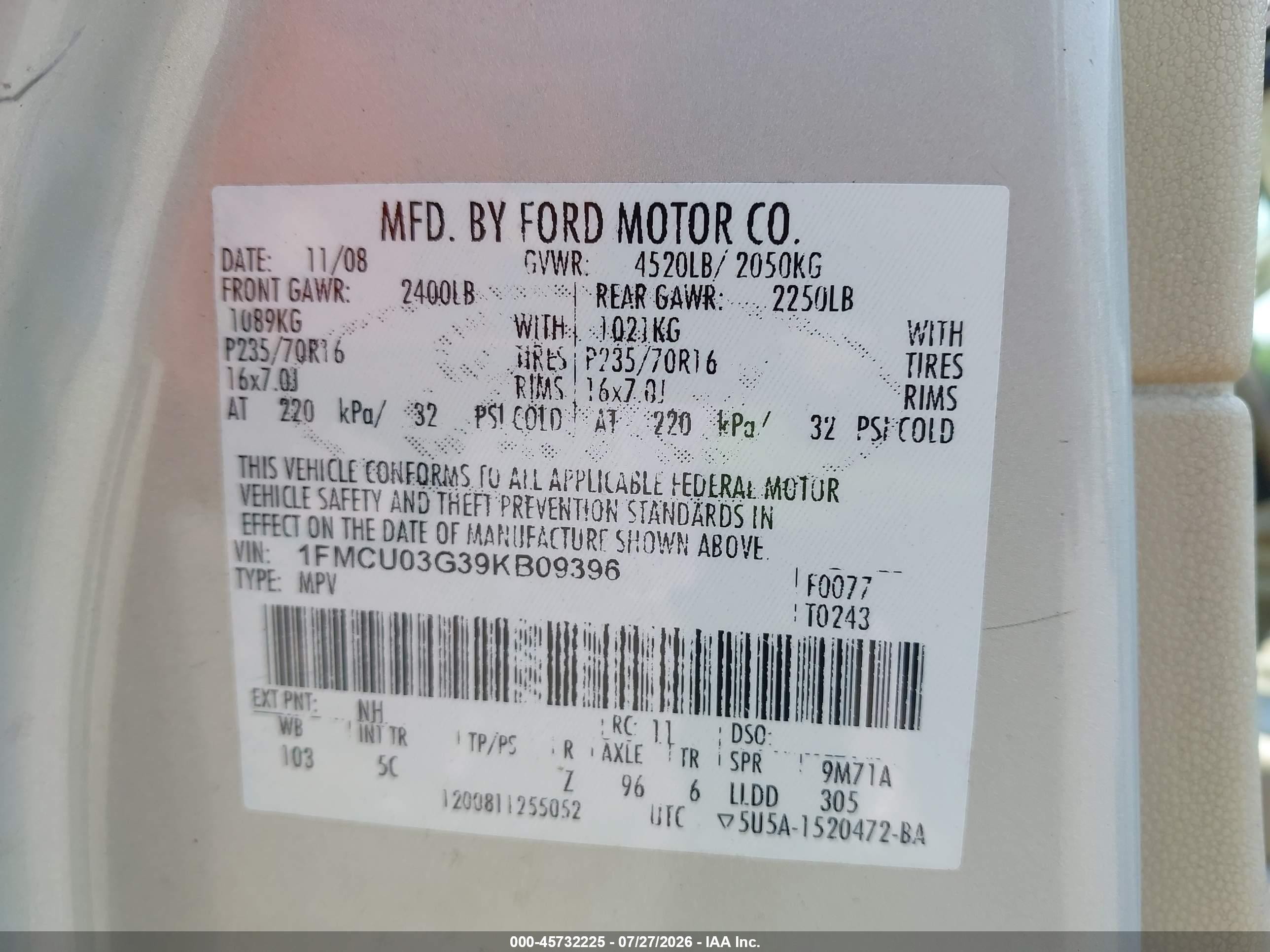 2009 Ford Escape Xlt Gold vin: 1FMCU03G39KB09396