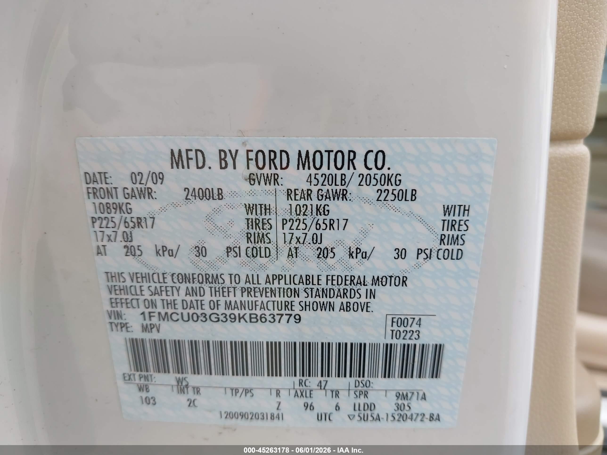 2009 Ford Escape Xlt White vin: 1FMCU03G39KB63779