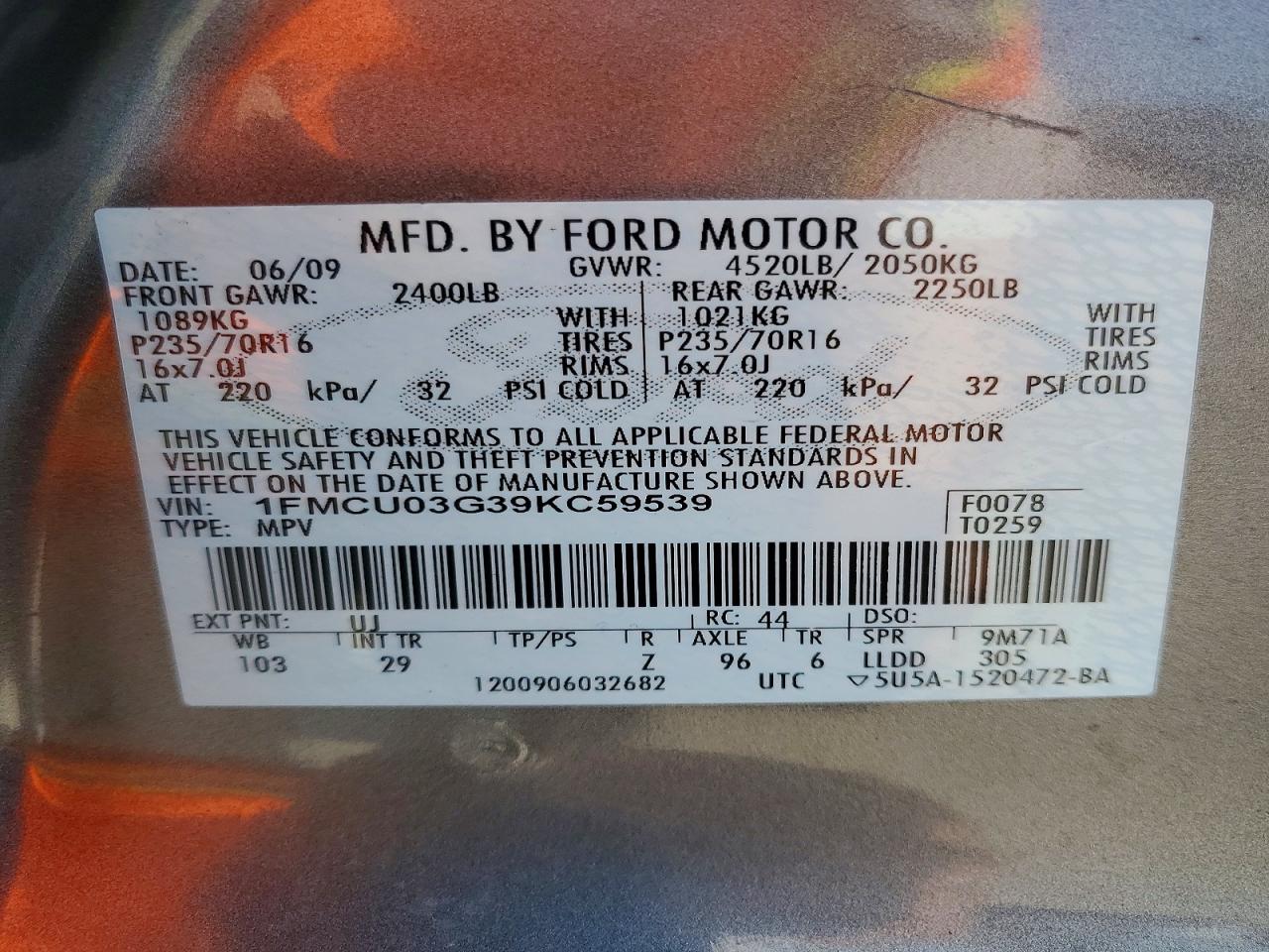 2009 Ford Escape Xlt Gray vin: 1FMCU03G39KC59539