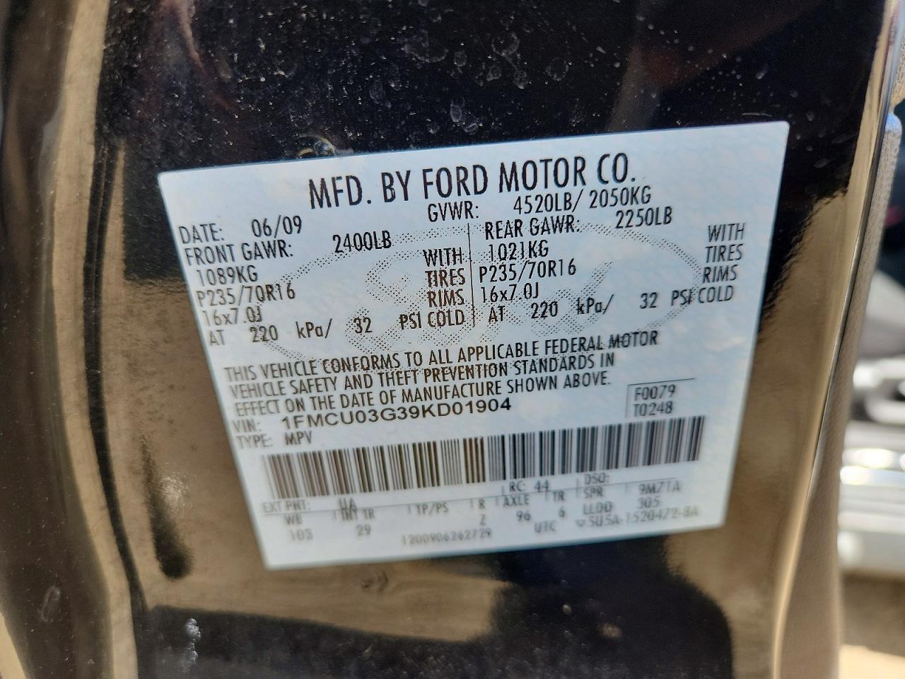 2009 Ford Escape Xlt Black vin: 1FMCU03G39KD01904