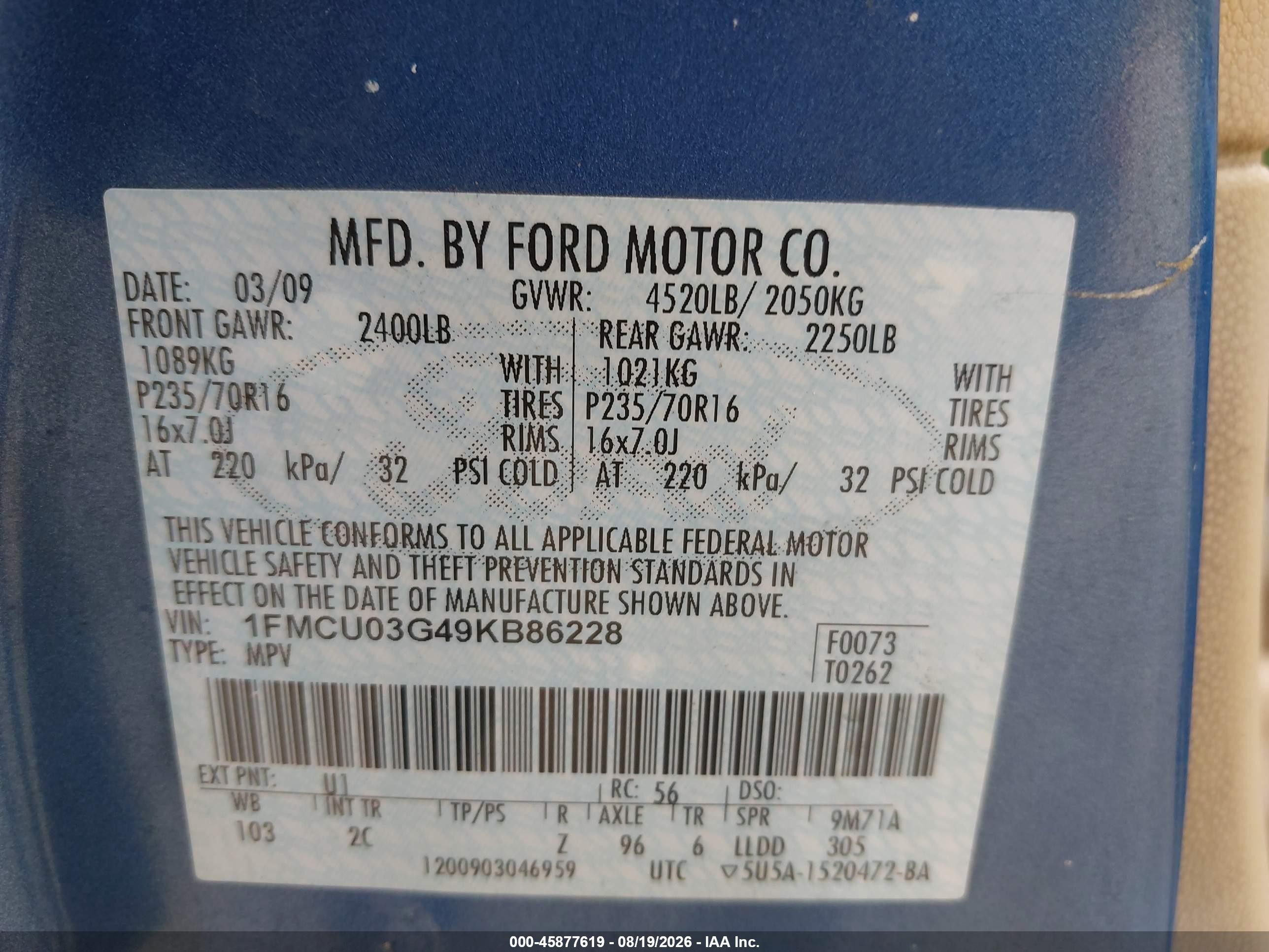 2009 Ford Escape Xlt Blue vin: 1FMCU03G49KB86228