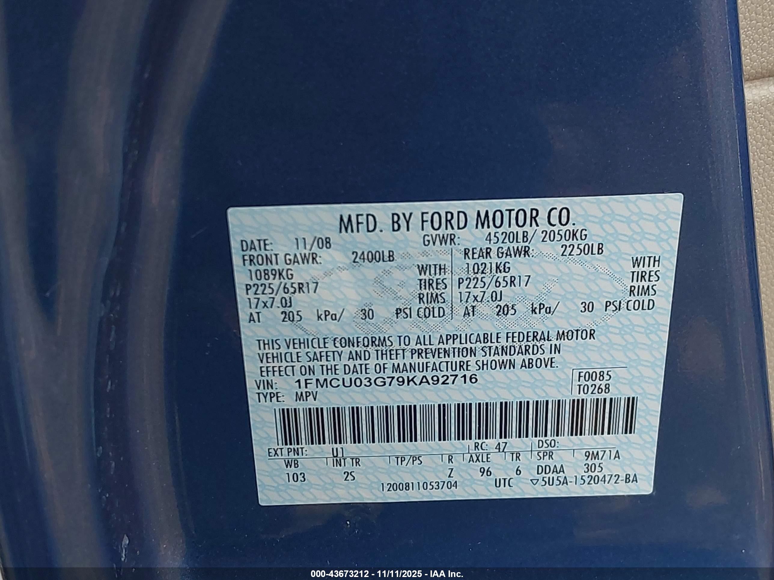 2009 Ford Escape Xlt Blue vin: 1FMCU03G79KA92716