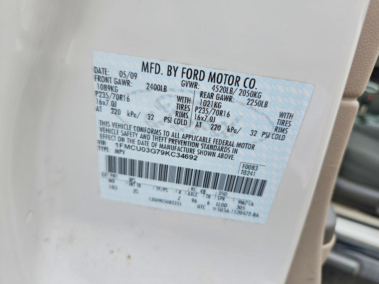 2009 Ford Escape Xlt White vin: 1FMCU03G79KC34692