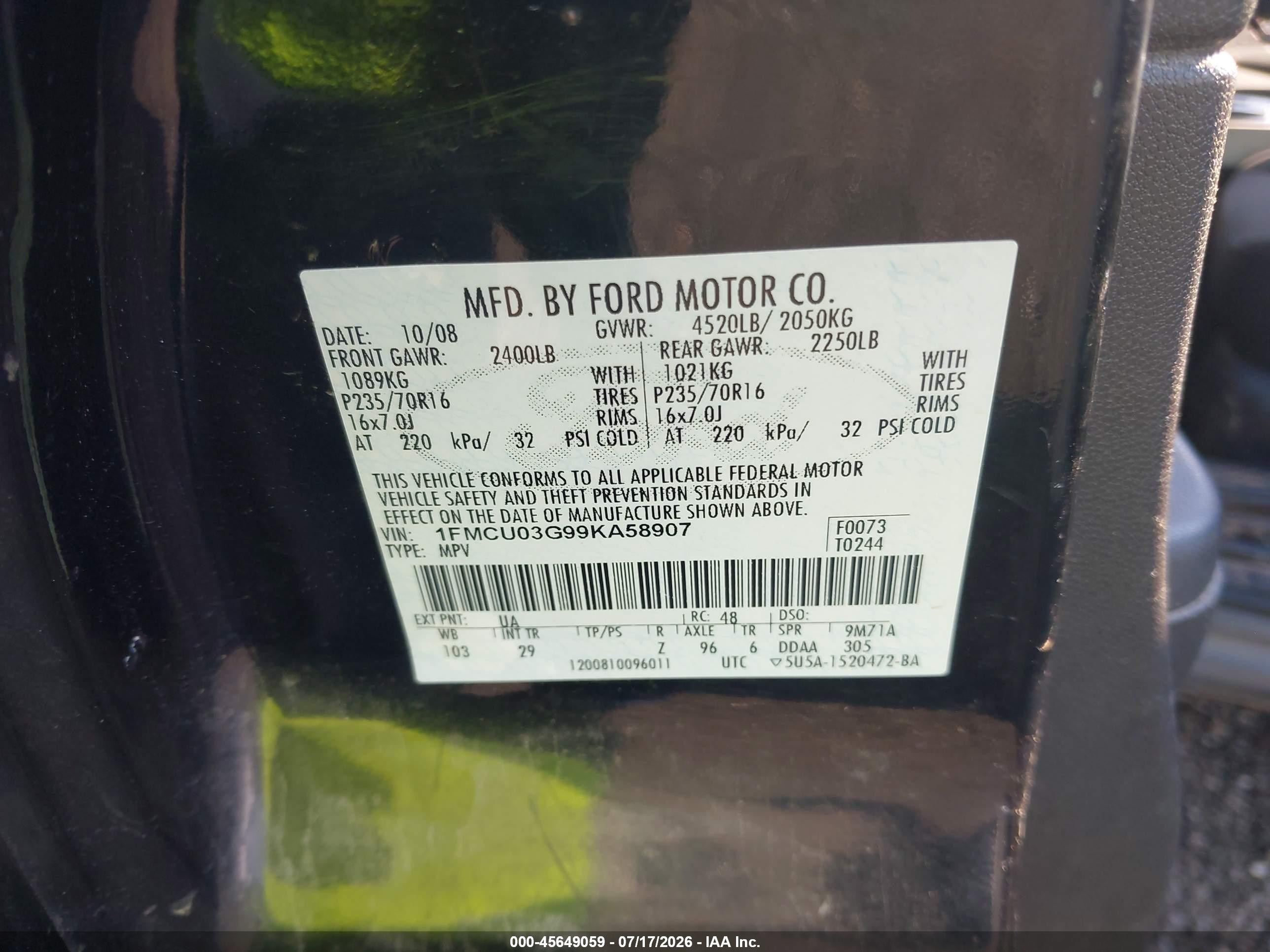 2009 Ford Escape Xlt Black vin: 1FMCU03G99KA58907