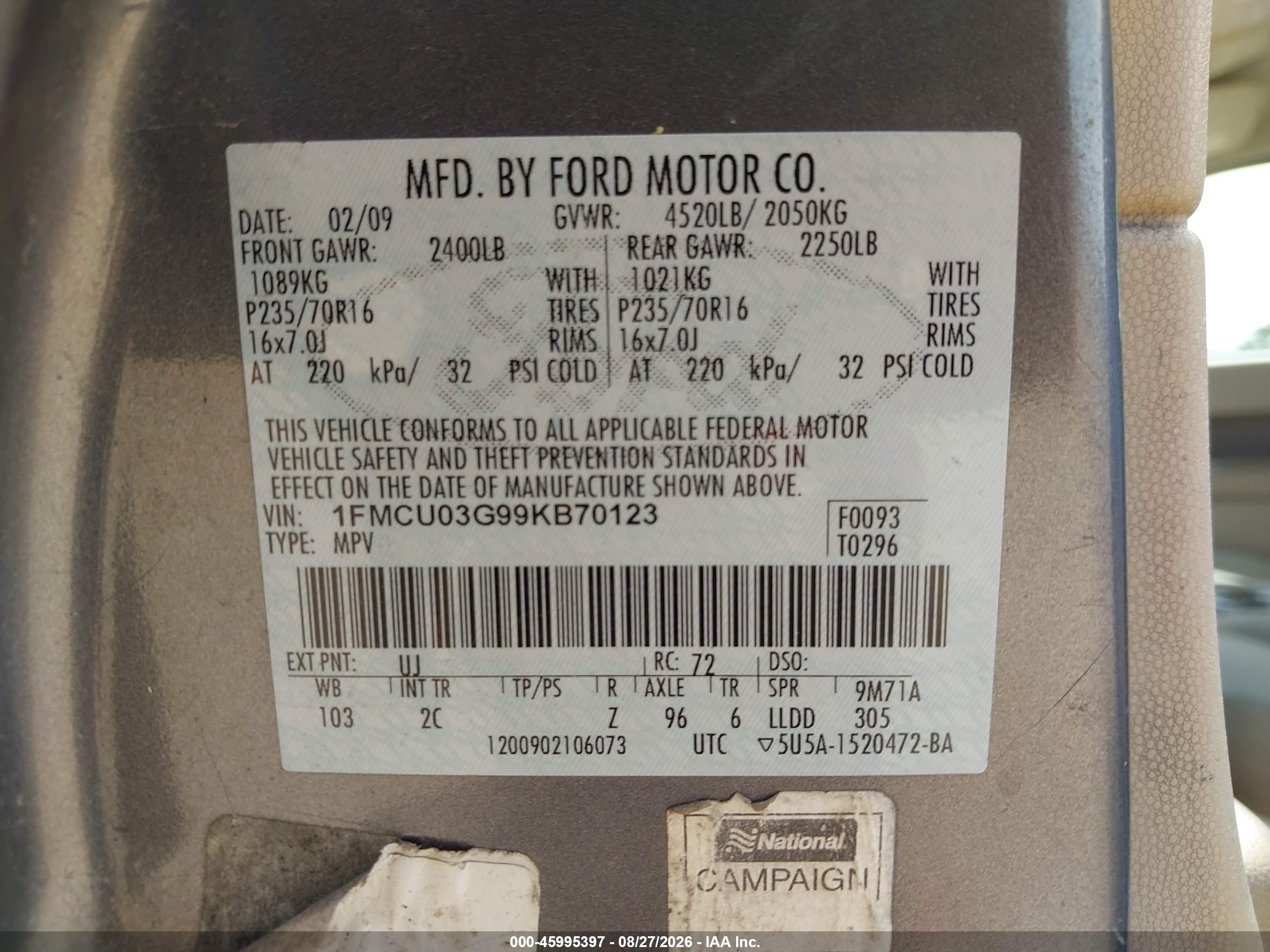 2009 Ford Escape Xlt Gray vin: 1FMCU03G99KB70123
