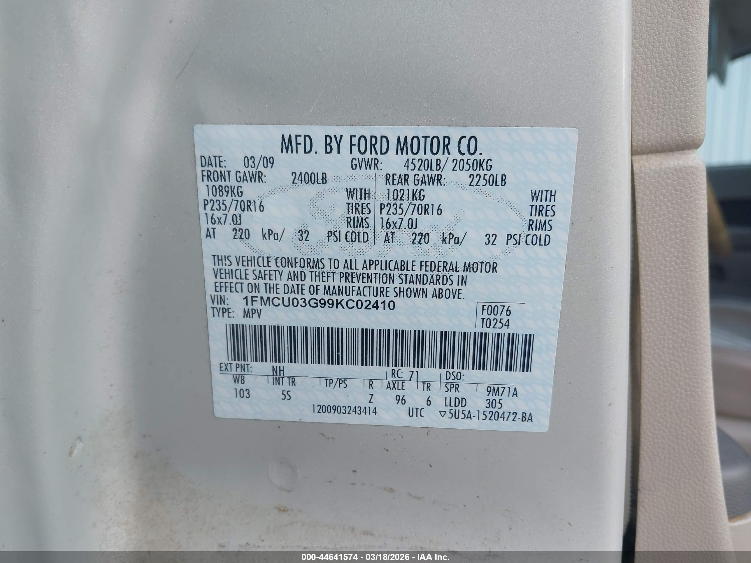 2009 Ford Escape Xlt Cream vin: 1FMCU03G99KC02410
