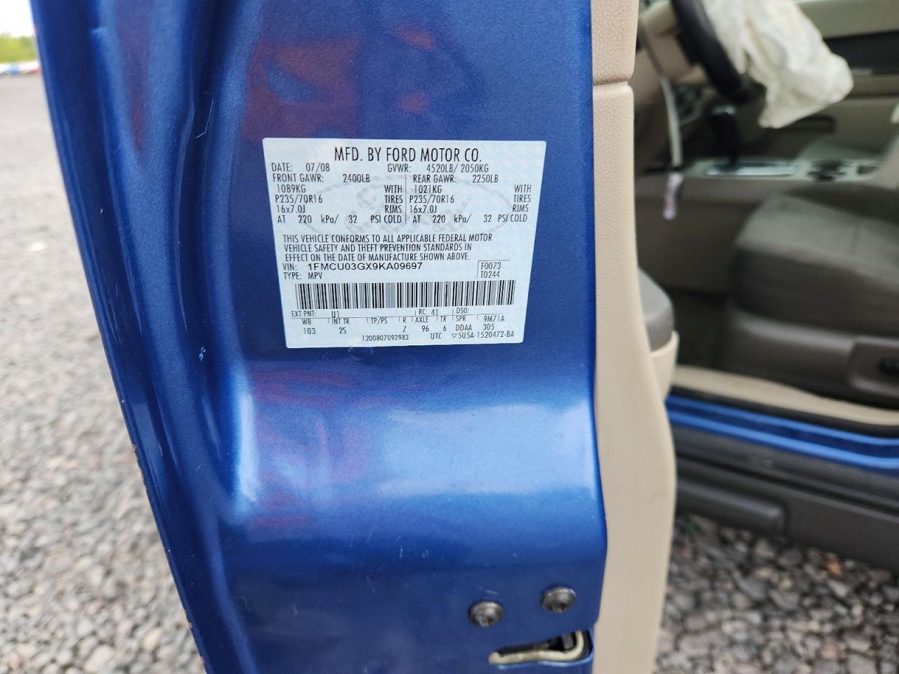 2009 Ford Escape Xlt Blue vin: 1FMCU03GX9KA09697