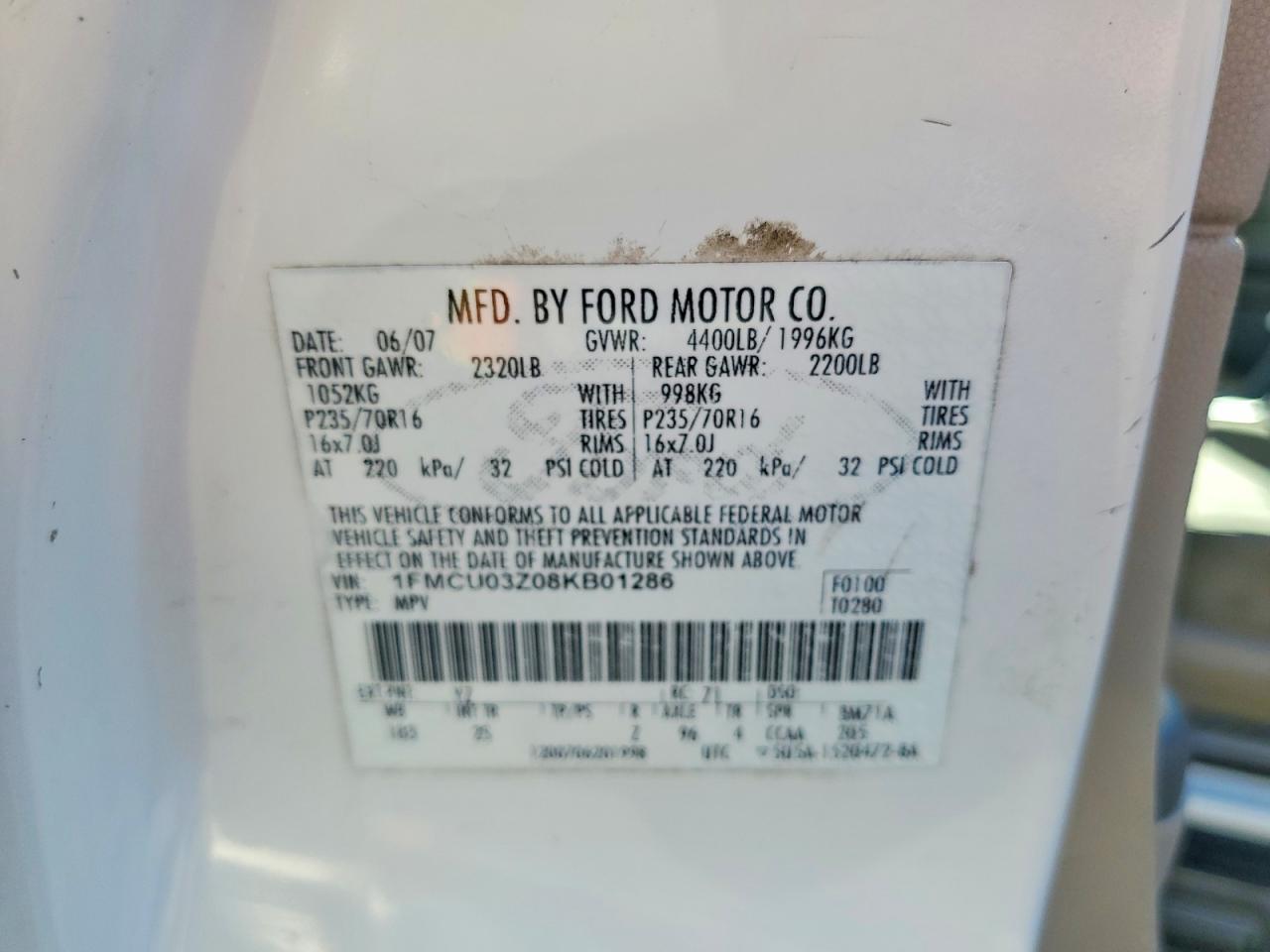 2008 Ford Escape Xlt White vin: 1FMCU03Z08KB01286
