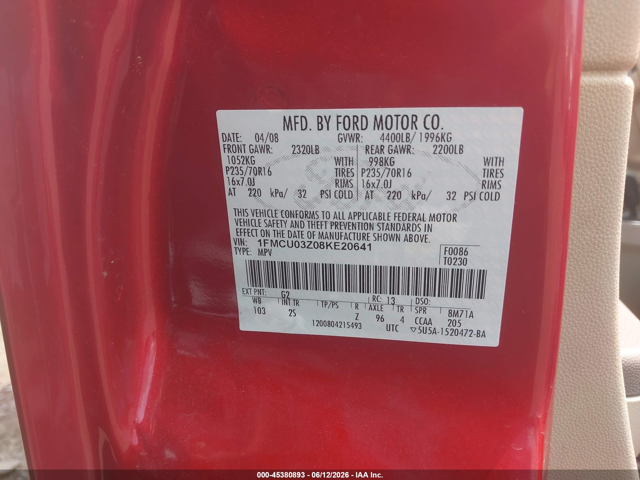 2008 Ford Escape Xlt Red vin: 1FMCU03Z08KE20641