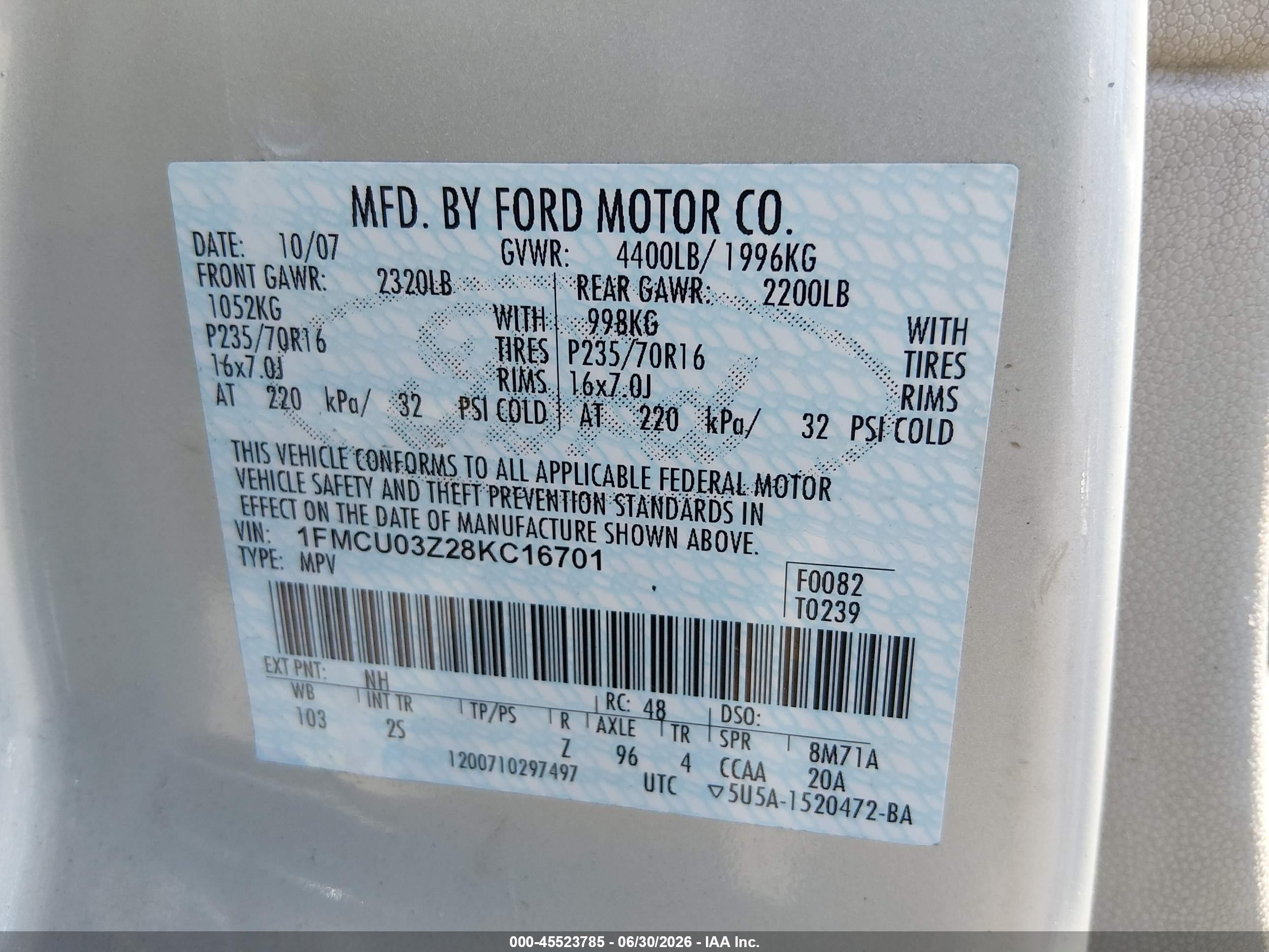 2008 Ford Escape Xlt Tan vin: 1FMCU03Z28KC16701