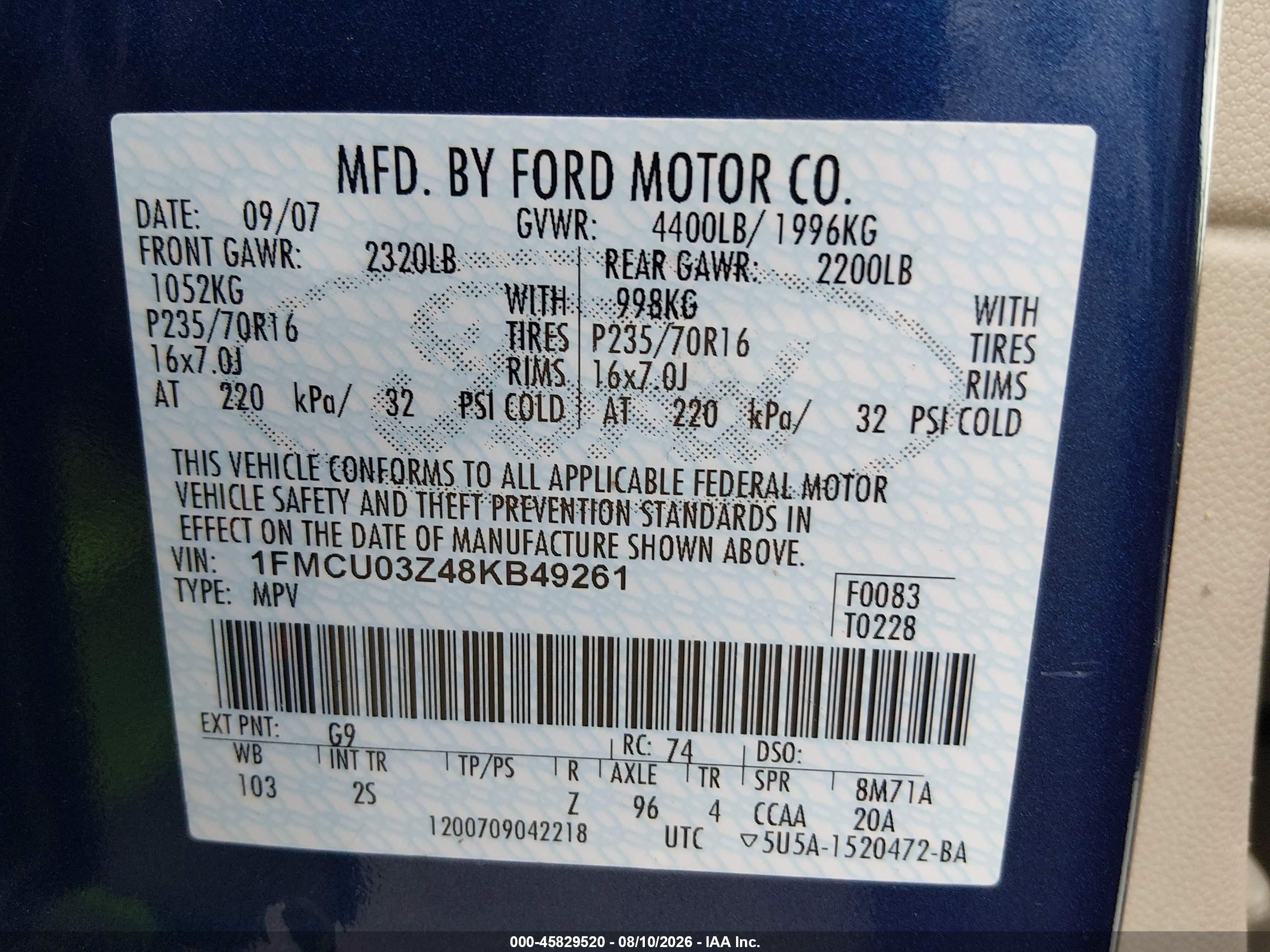 2008 Ford Escape Xlt Blue vin: 1FMCU03Z48KB49261