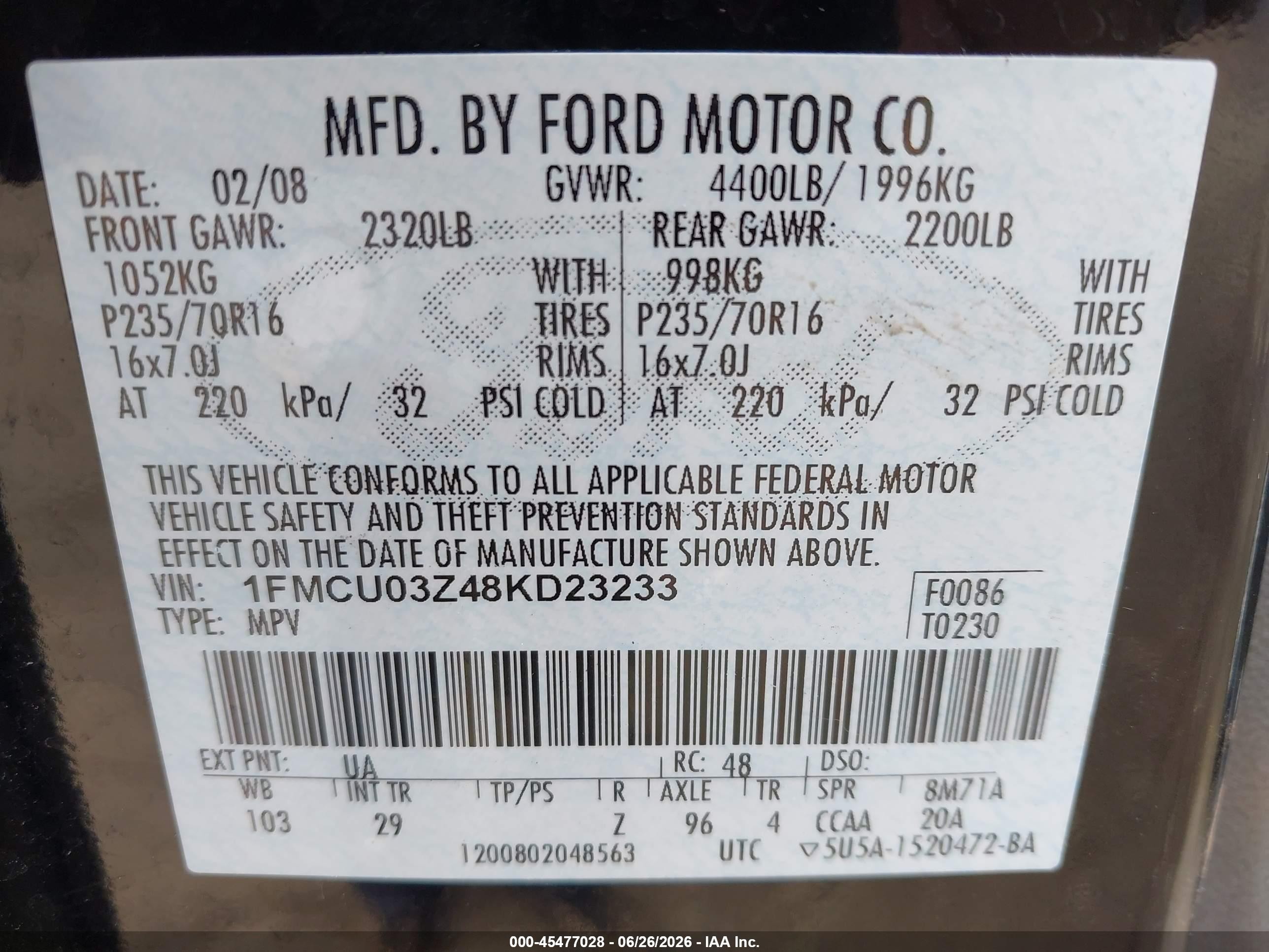 2008 Ford Escape Xlt Black vin: 1FMCU03Z48KD23233