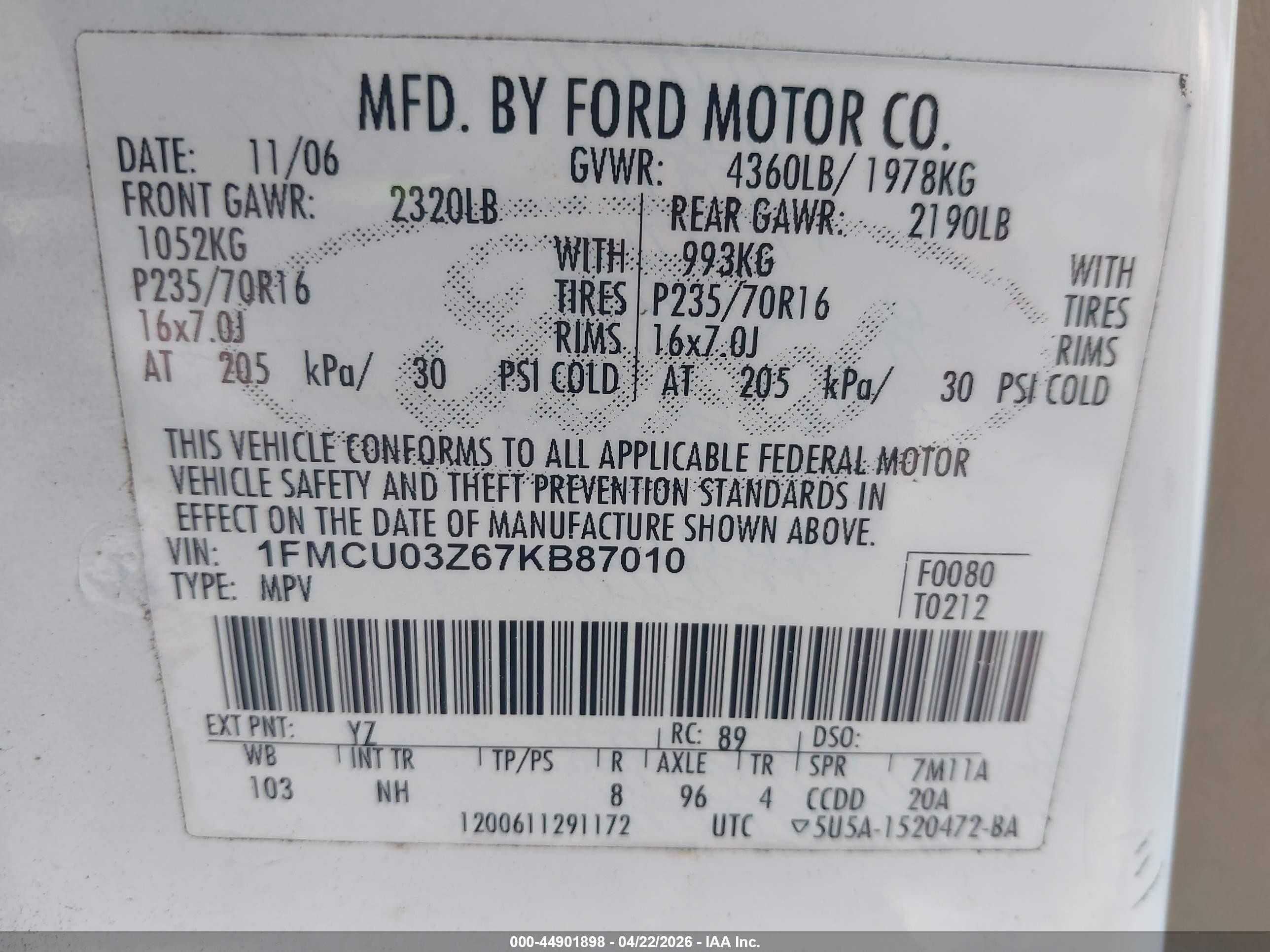 2007 Ford Escape Xlt White vin: 1FMCU03Z67KB87010