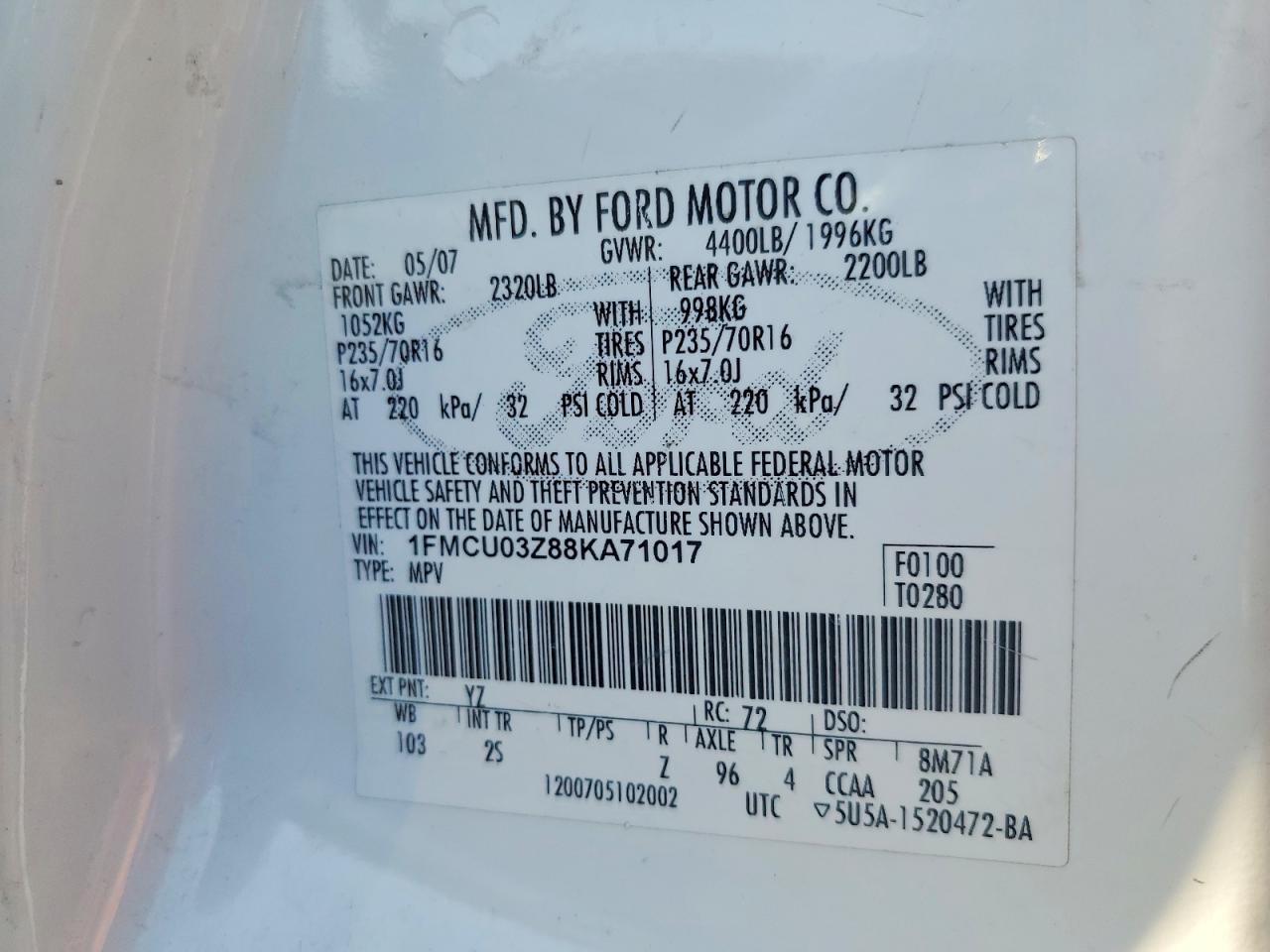 2008 Ford Escape Xlt White vin: 1FMCU03Z88KA71017