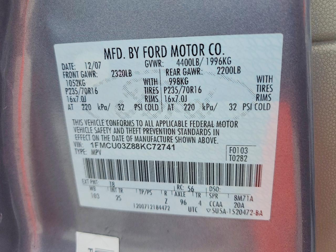 2008 Ford Escape Xlt Blue vin: 1FMCU03Z88KC72741