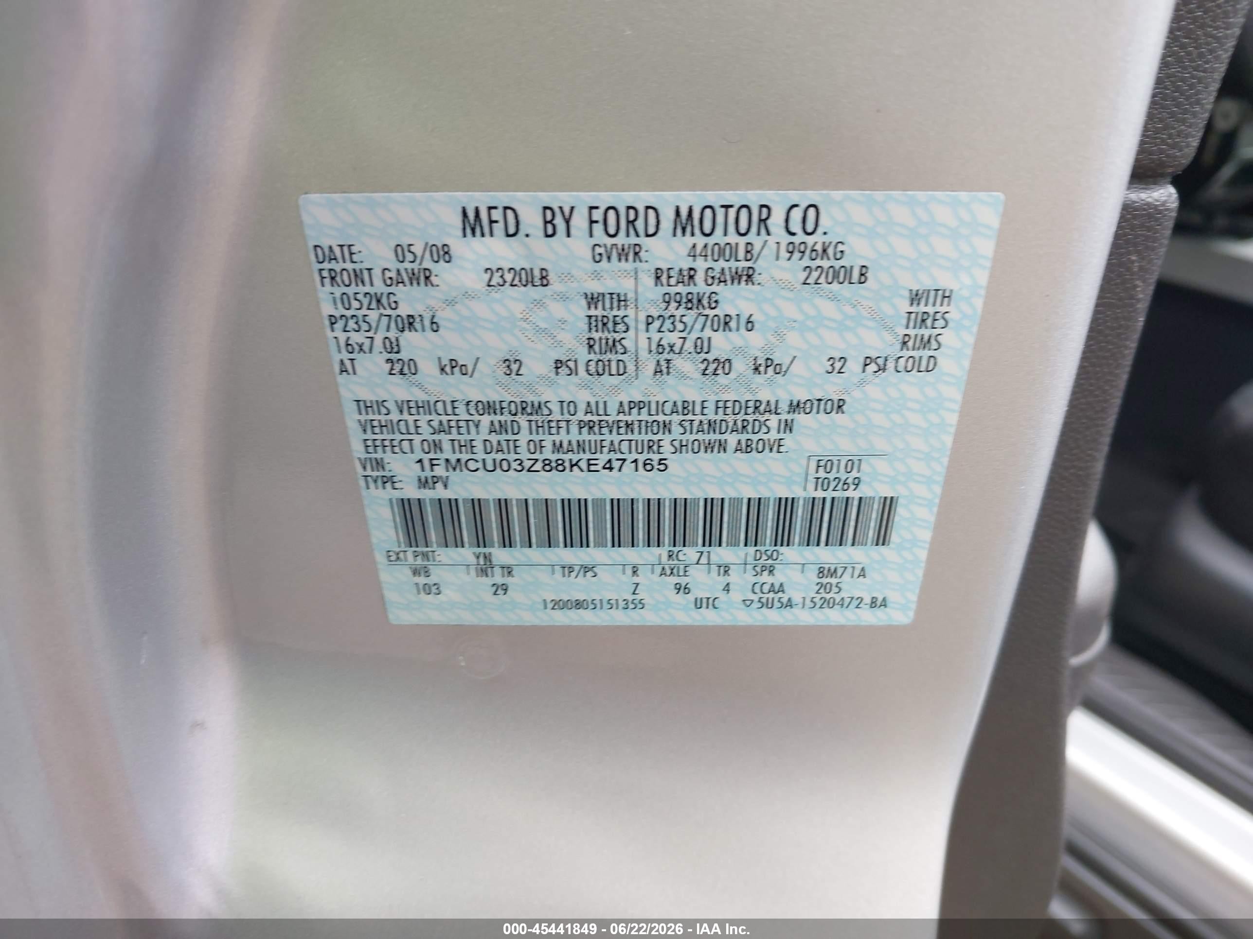 2008 Ford Escape Xlt Серебряный vin: 1FMCU03Z88KE47165