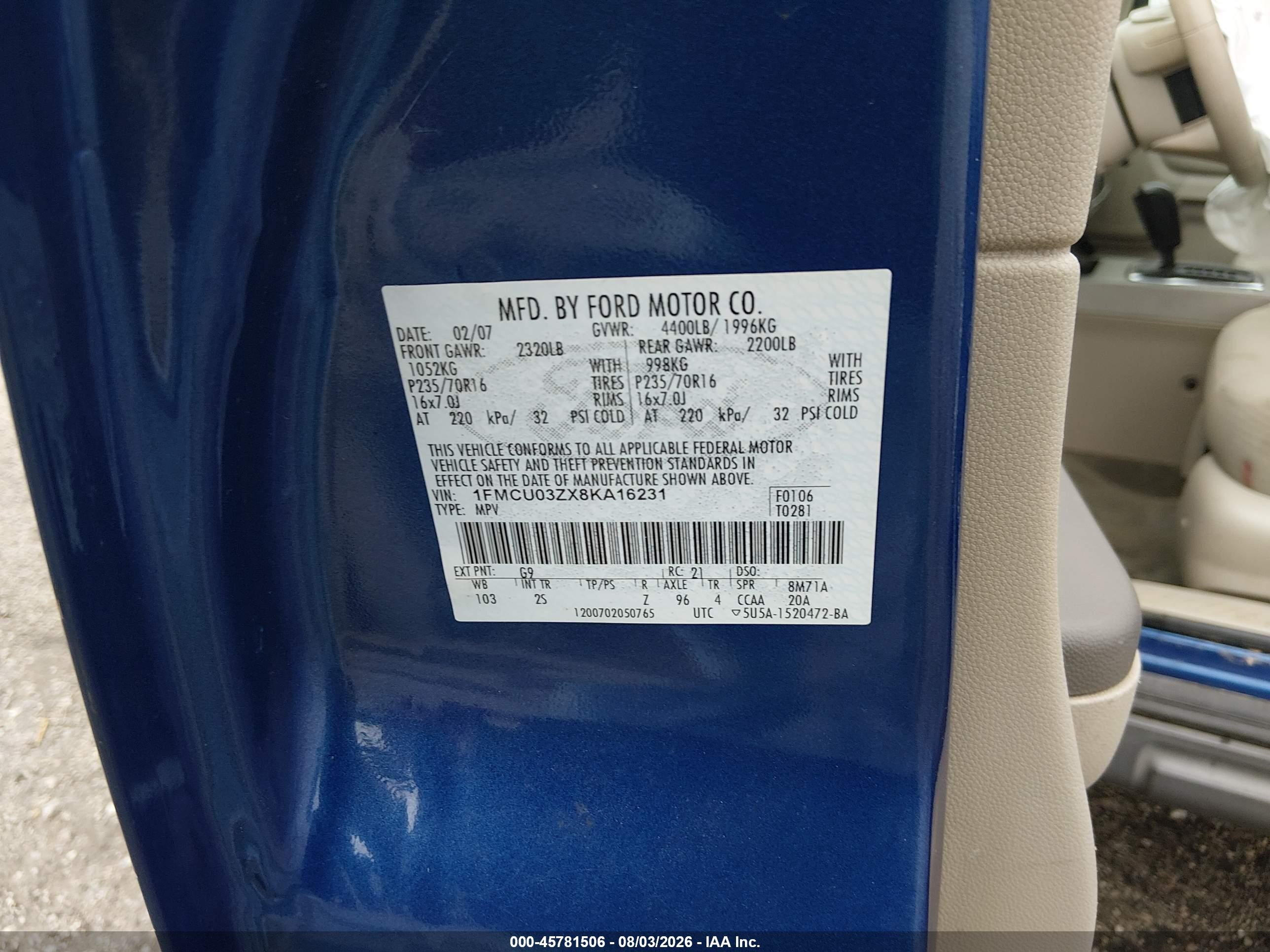 2008 Ford Escape Xlt Blue vin: 1FMCU03ZX8KA16231