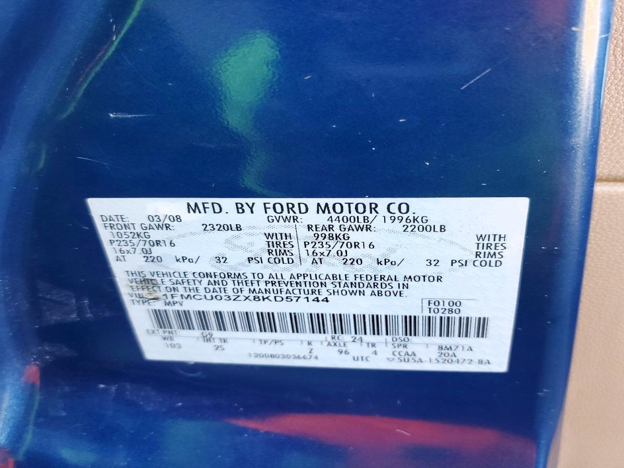 2008 Ford Escape Xlt Blue vin: 1FMCU03ZX8KD57144