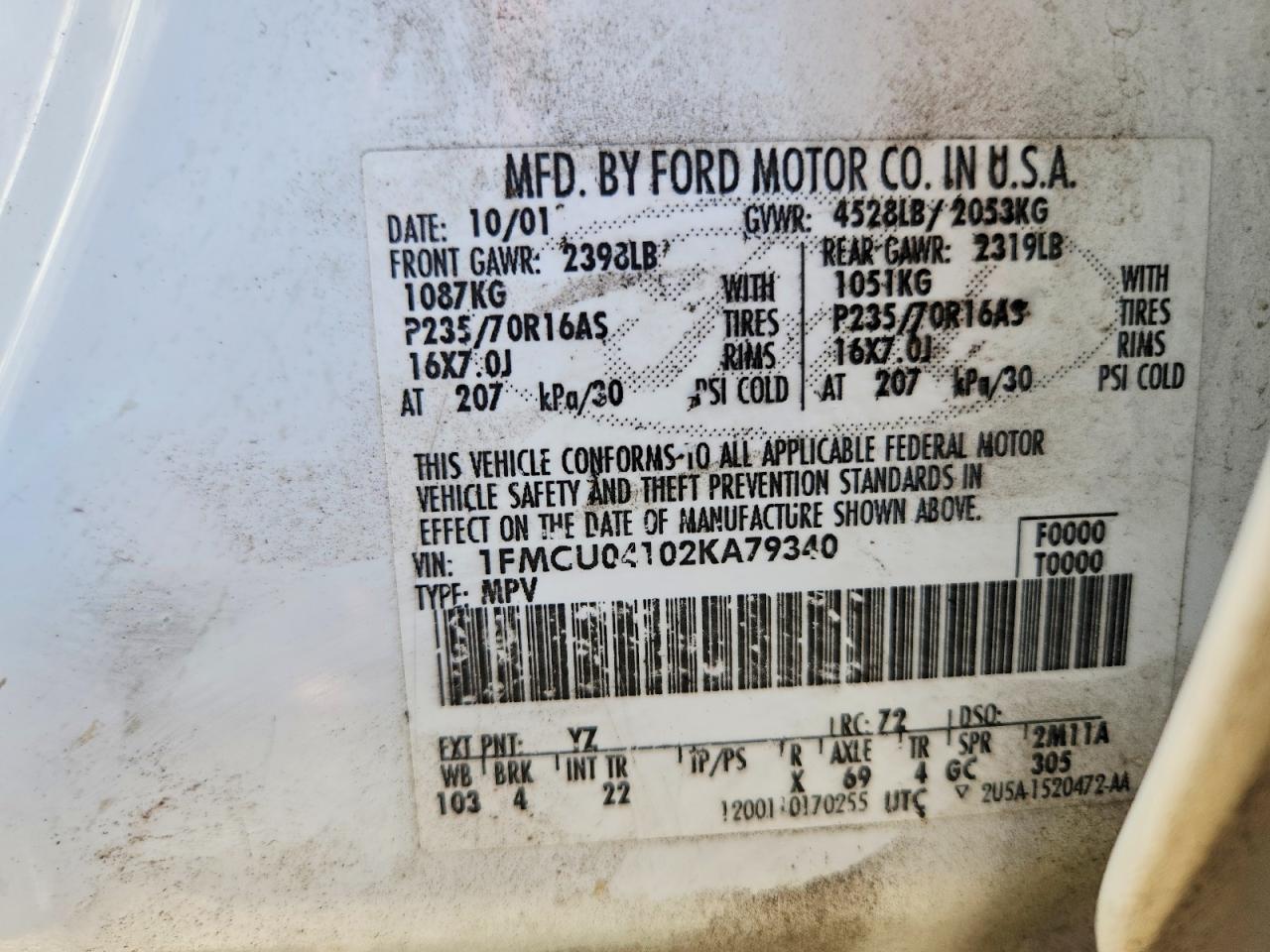 2002 Ford Escape Xlt White vin: 1FMCU04102KA79340