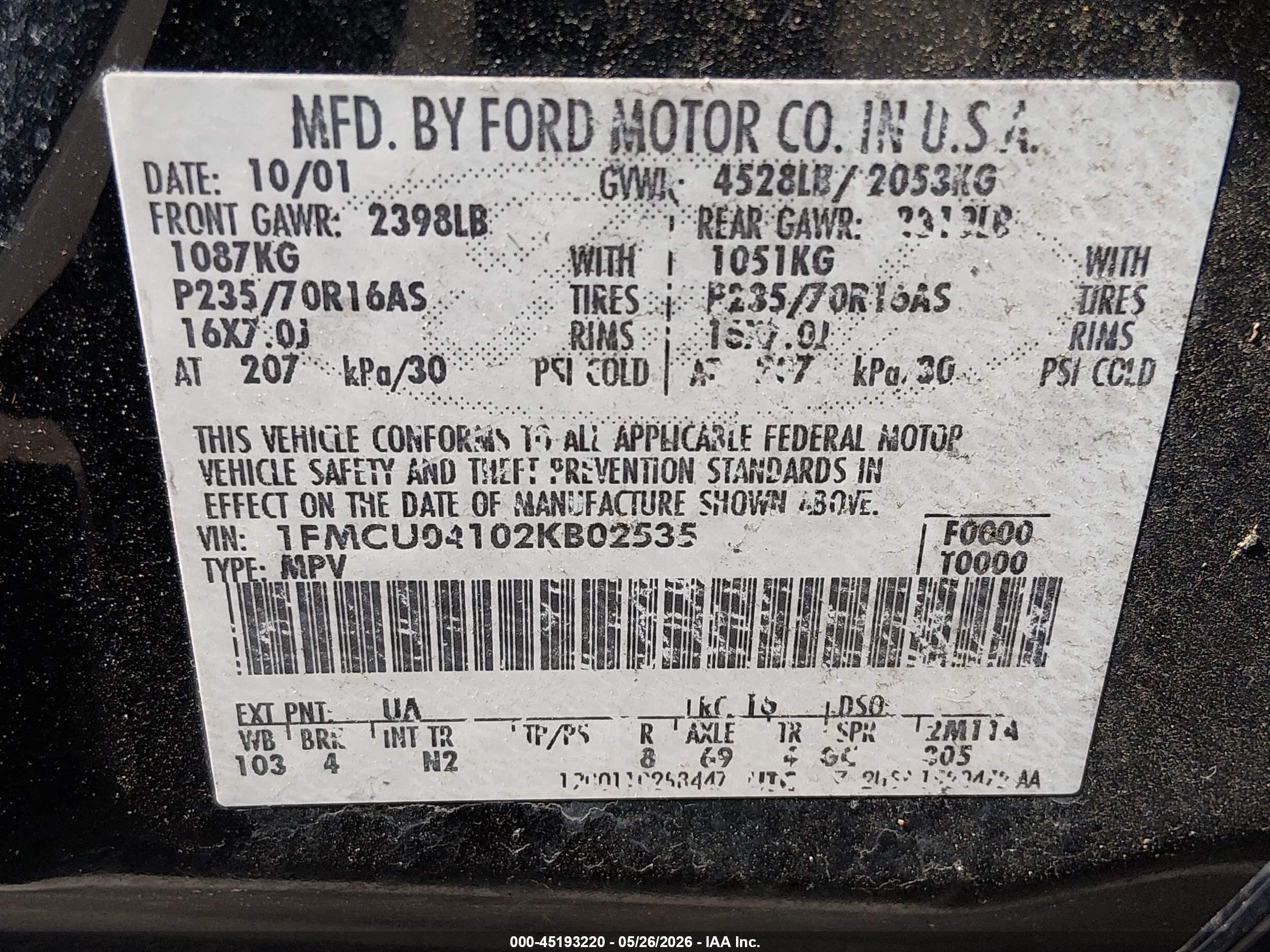 2002 Ford Escape Xlt Black vin: 1FMCU04102KB02535