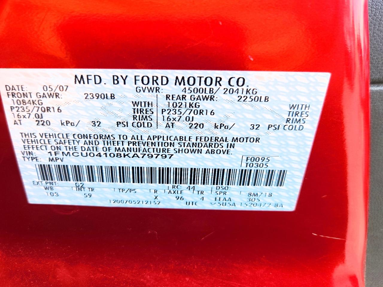 2008 Ford Escape Limited Red vin: 1FMCU04108KA79797
