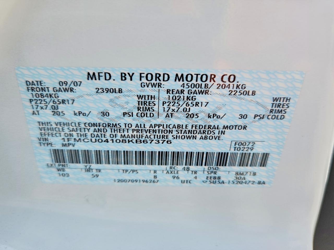 2008 Ford Escape Limited White vin: 1FMCU04108KB67376