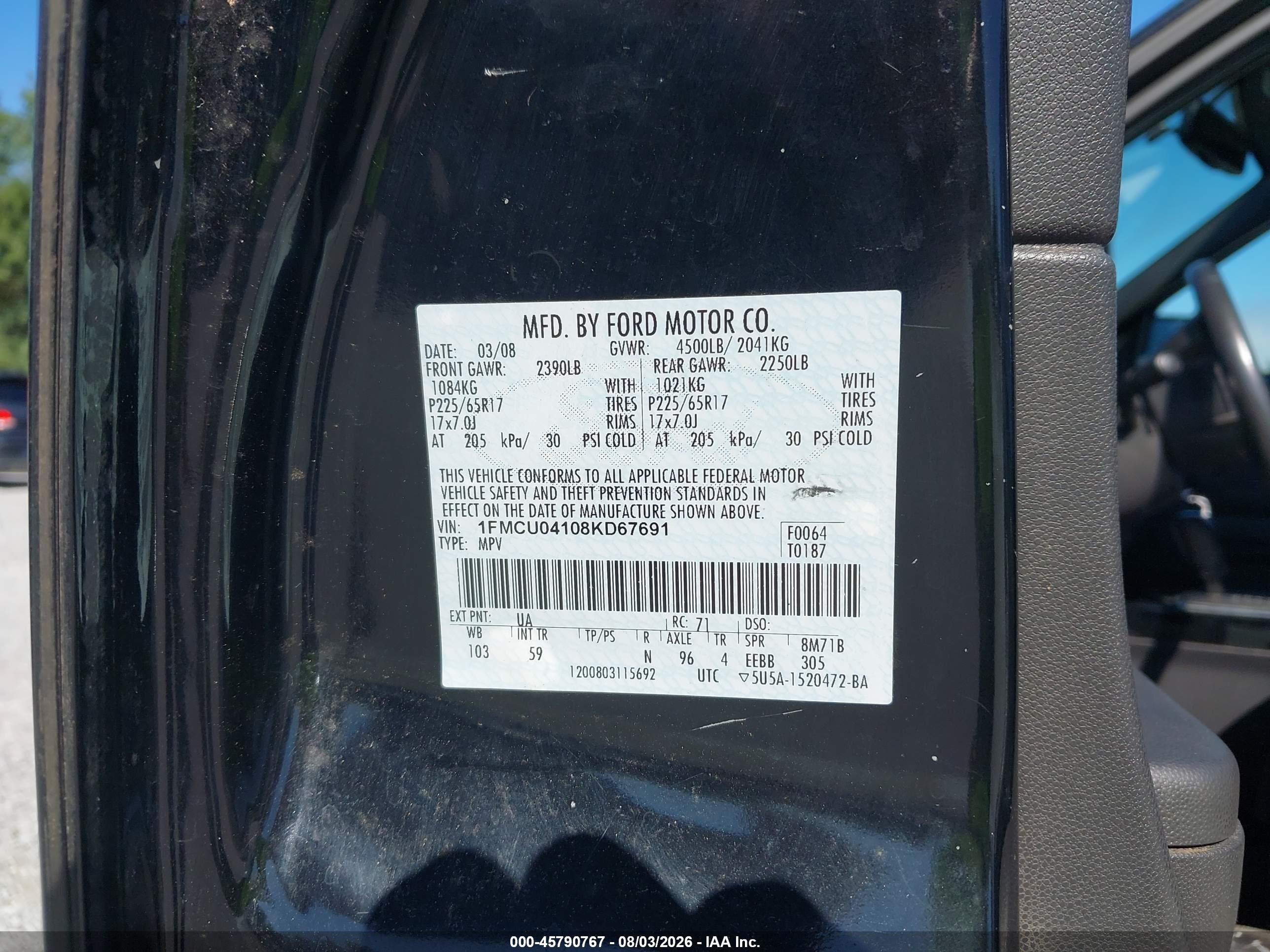 2008 Ford Escape Limited Black vin: 1FMCU04108KD67691