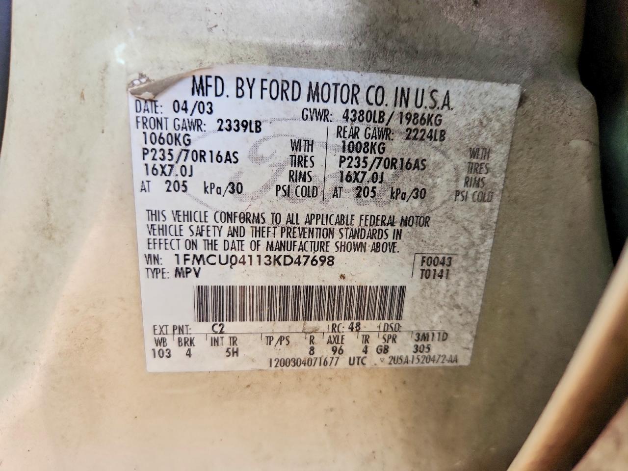 2003 Ford Escape Limited Tan vin: 1FMCU04113KD47698