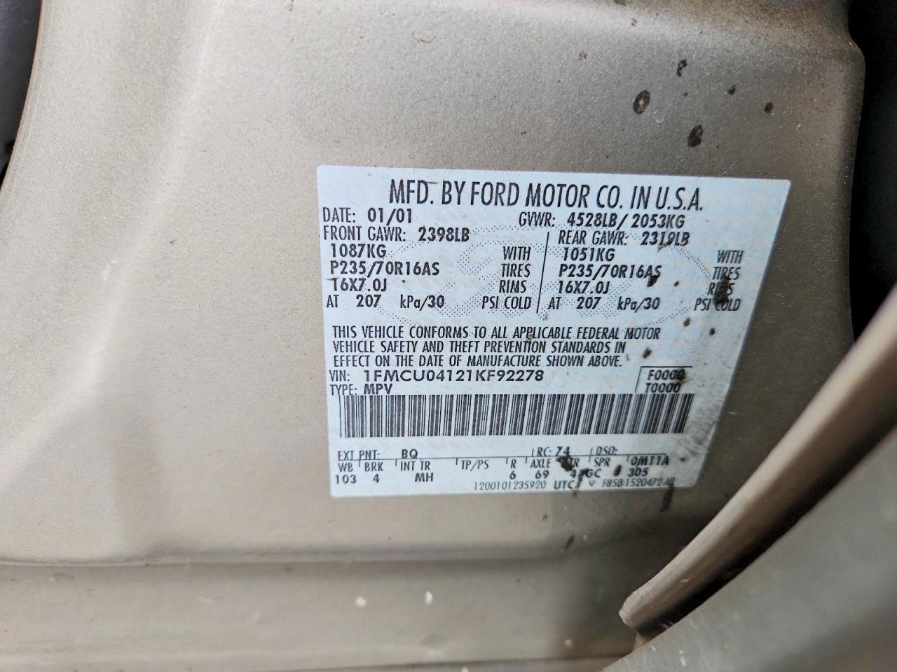 2001 Ford Escape Xlt Silver vin: 1FMCU04121KF92278
