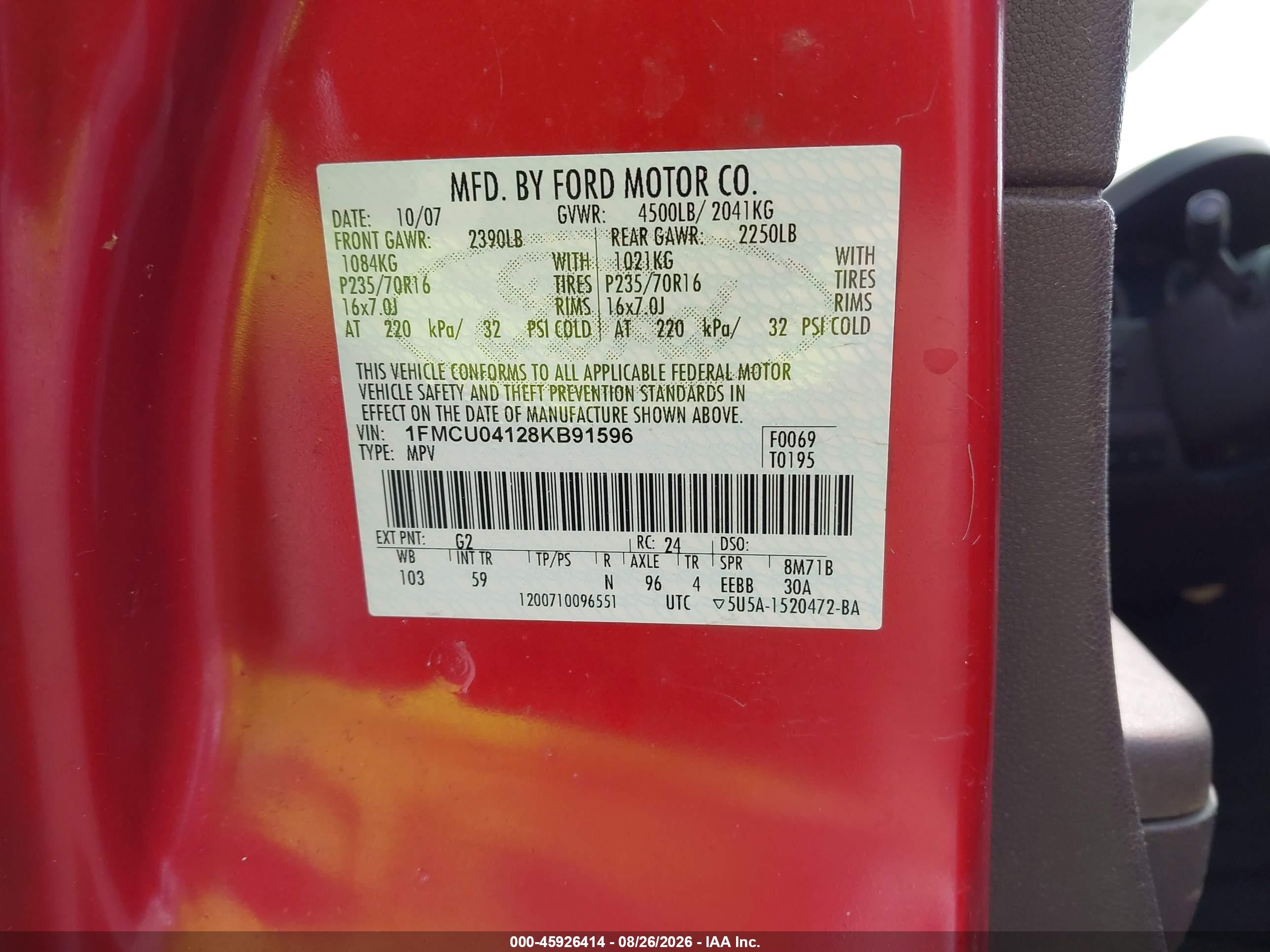 2008 Ford Escape Limited Red vin: 1FMCU04128KB91596