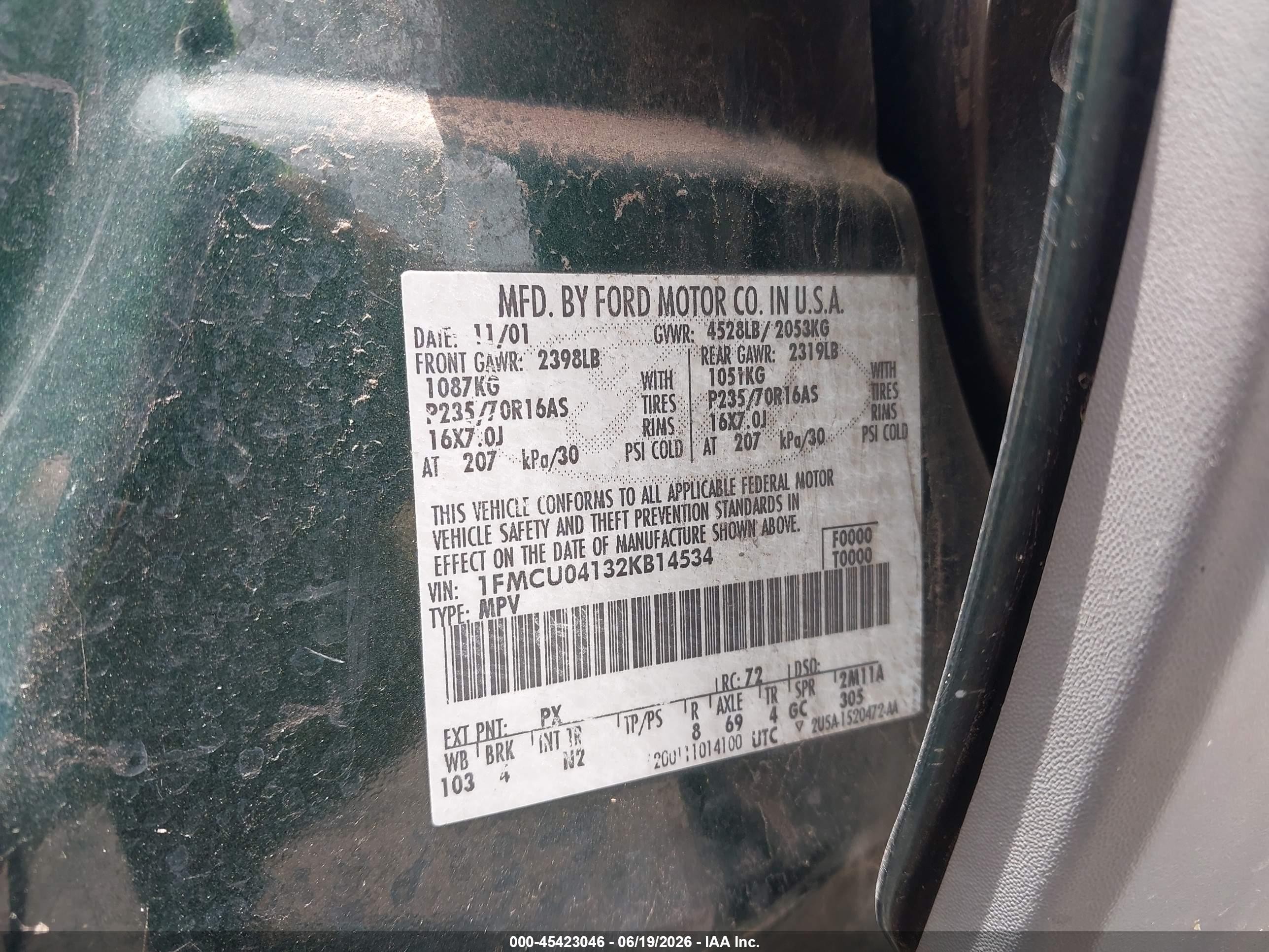 2002 Ford Escape Xlt Green vin: 1FMCU04132KB14534