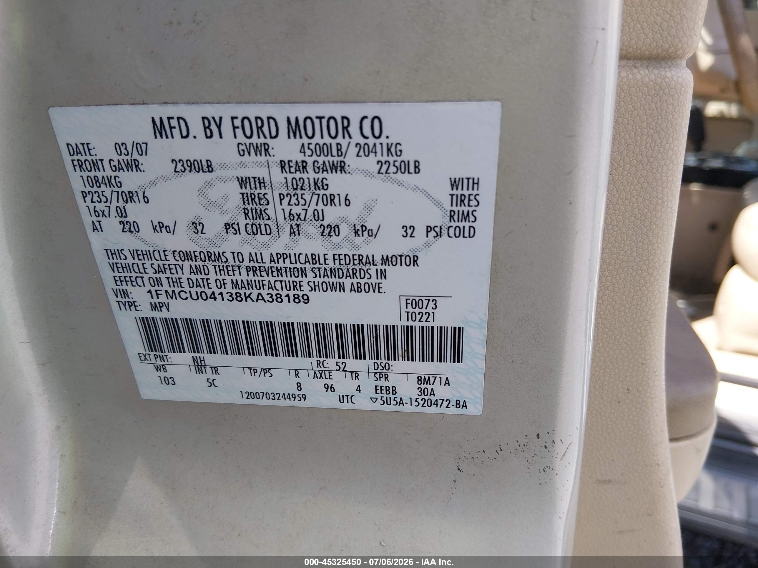 2008 Ford Escape Limited White vin: 1FMCU04138KA38189