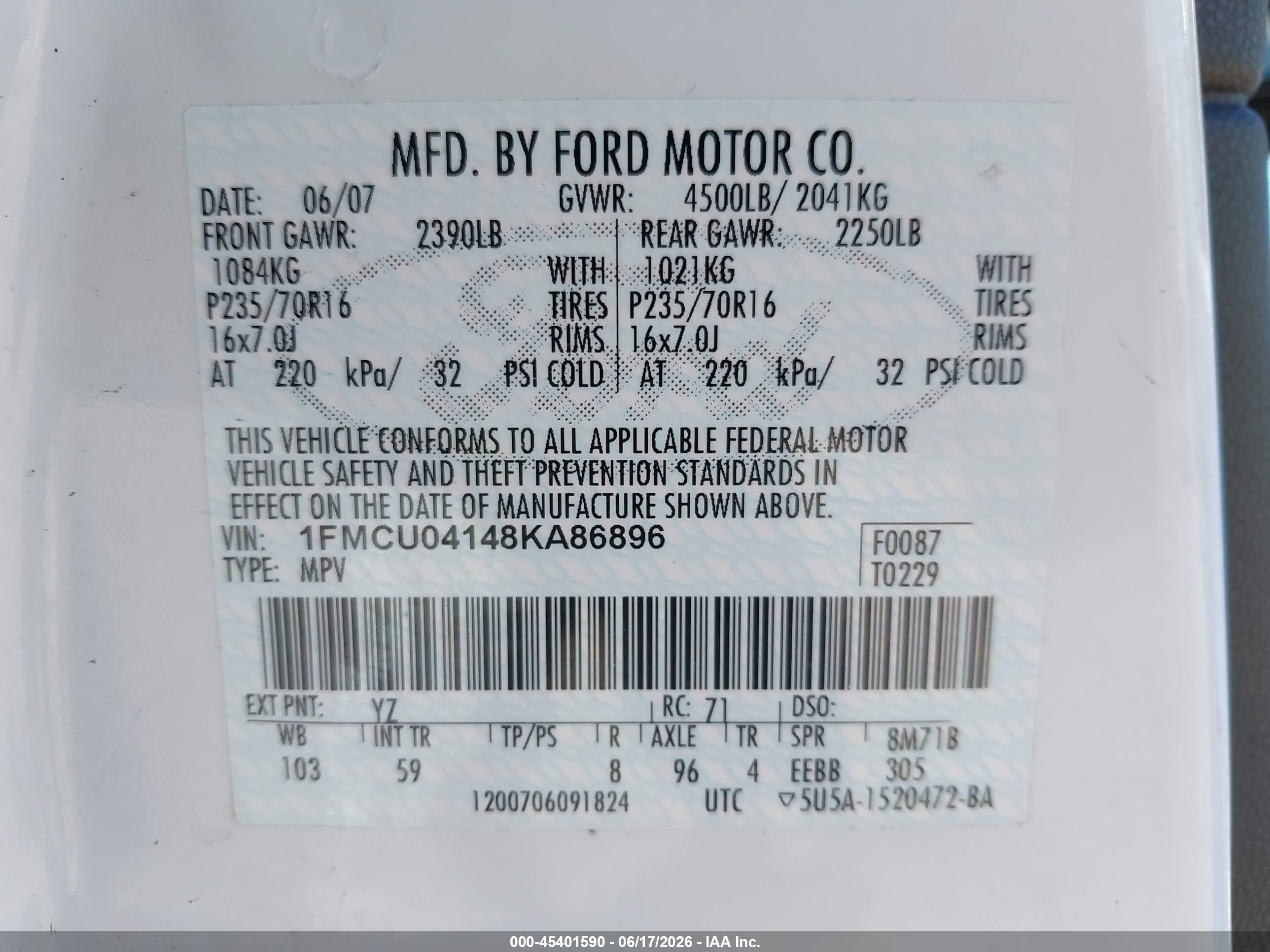 2008 Ford Escape Limited White vin: 1FMCU04148KA86896