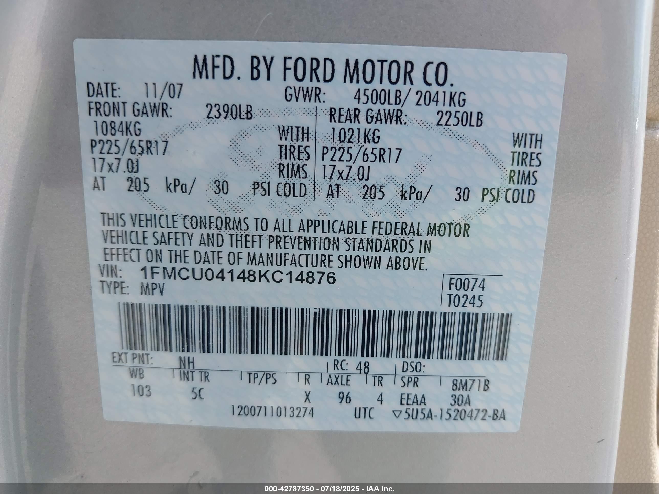 2008 Ford Escape Limited Beige vin: 1FMCU04148KC14876