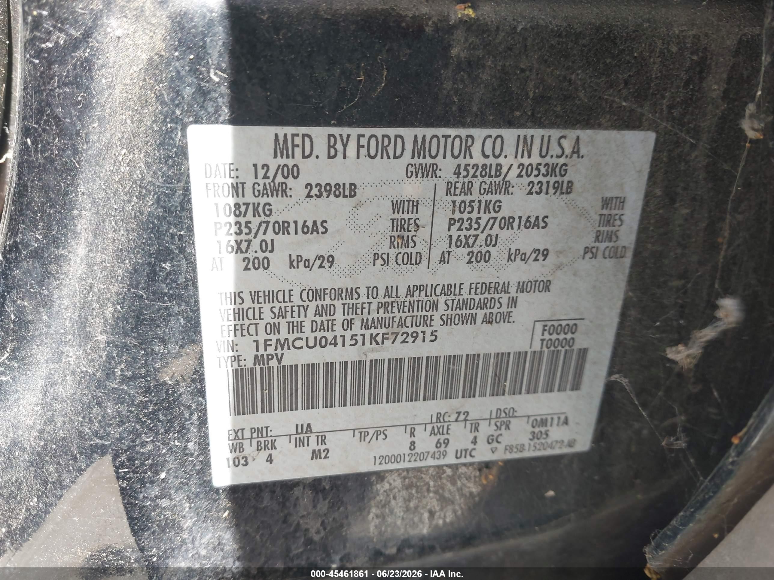 2001 Ford Escape Xlt Black vin: 1FMCU04151KF72915