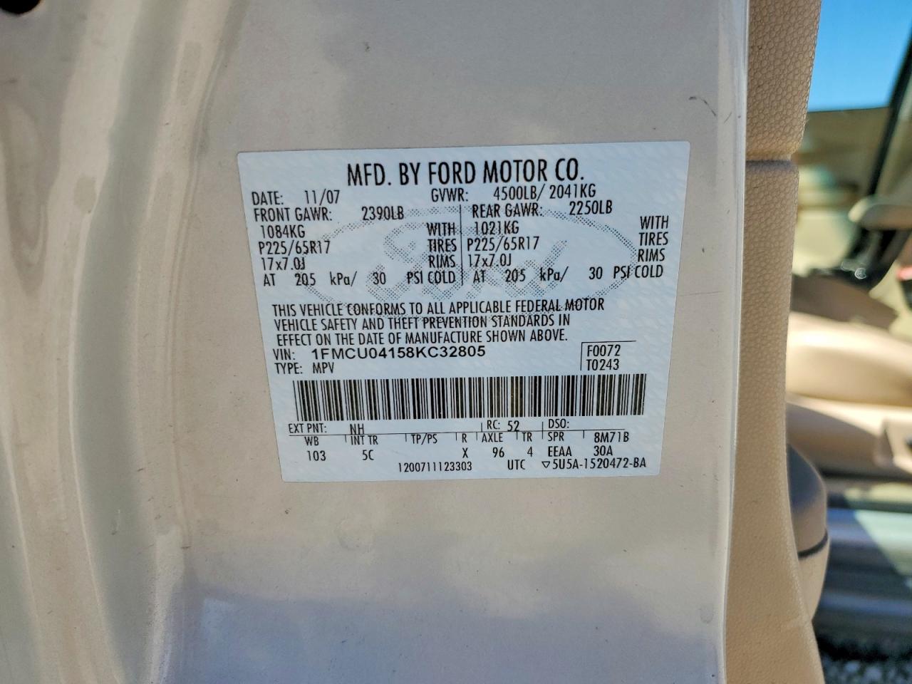 2008 Ford Escape Limited Cream vin: 1FMCU04158KC32805